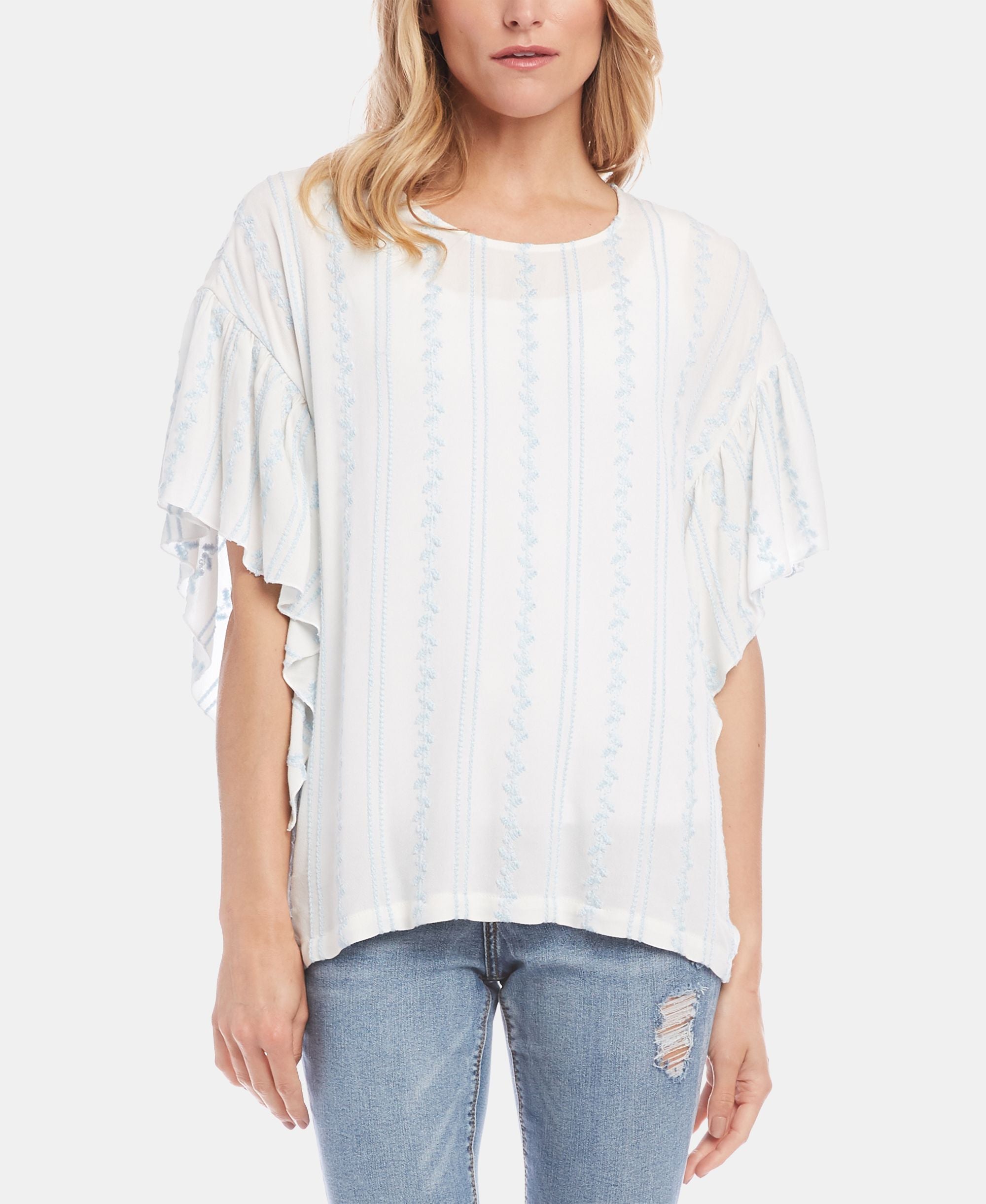Karen Kane Embroidered Cascade Ruffled Top