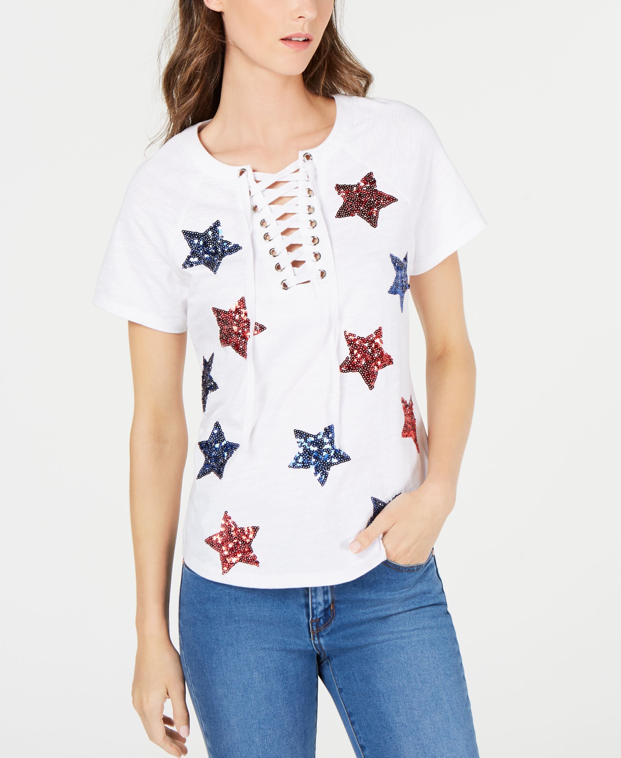 Cotton Sequin Star Lace Up T-Shirt