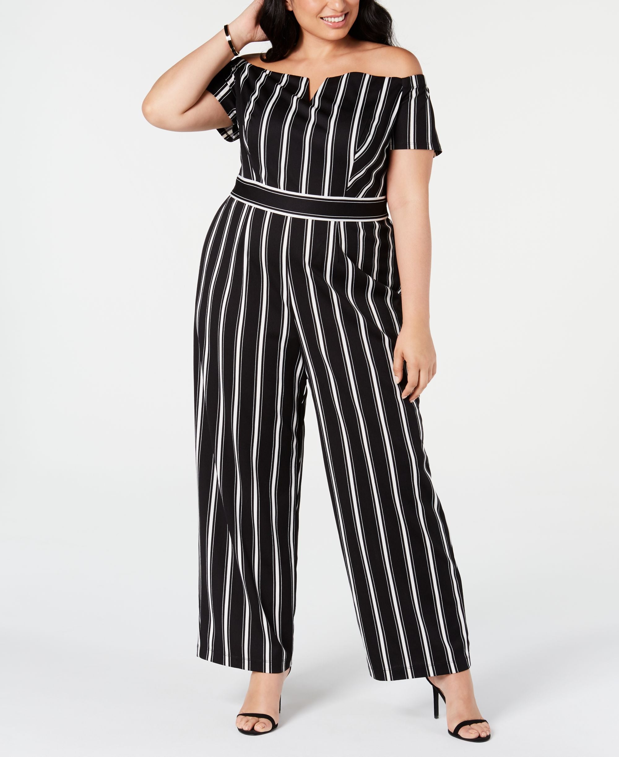Teeze Me Trendy Plus Size Striped Off The Shoulder Jumpsuit