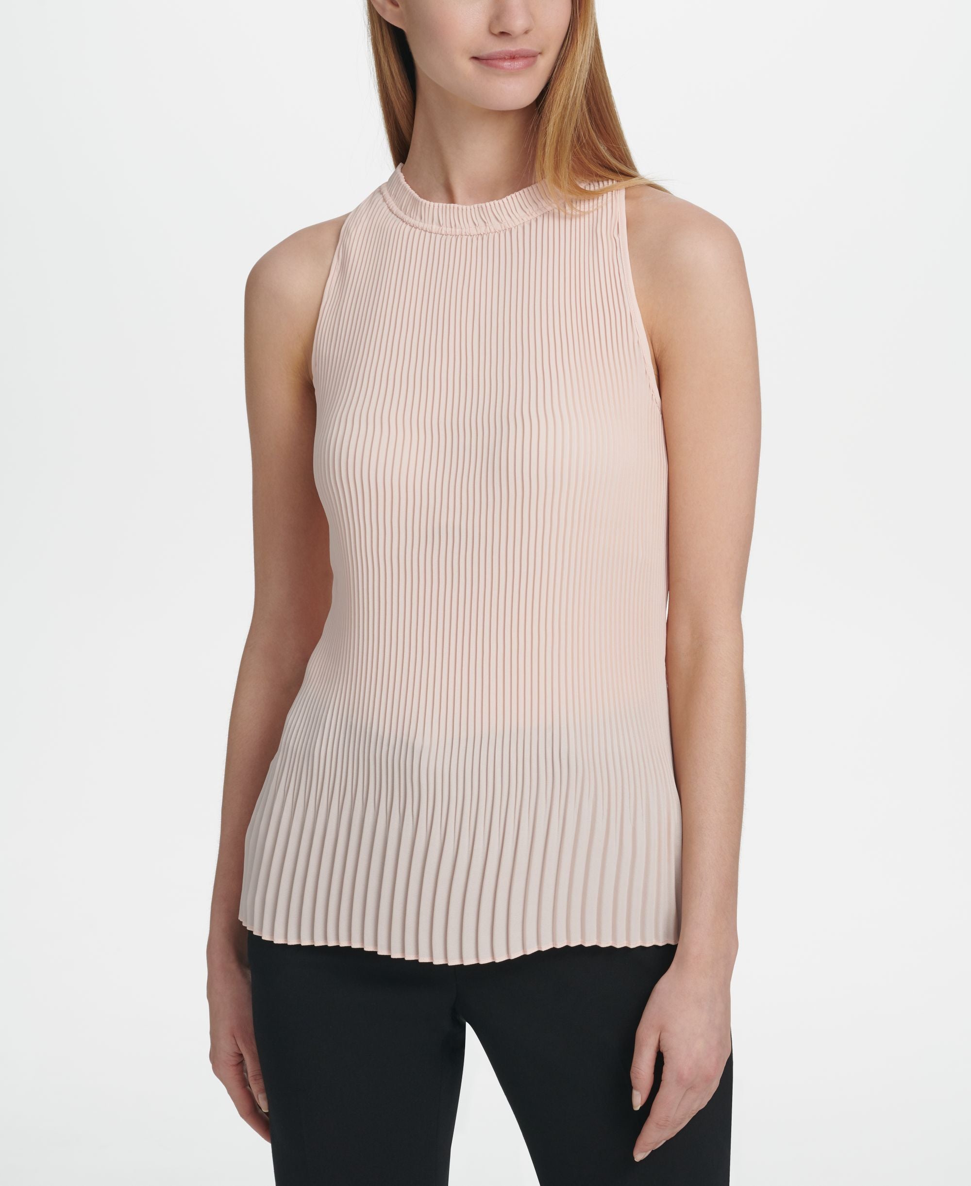 DKNY Sleeveless High Neck Pleated Top