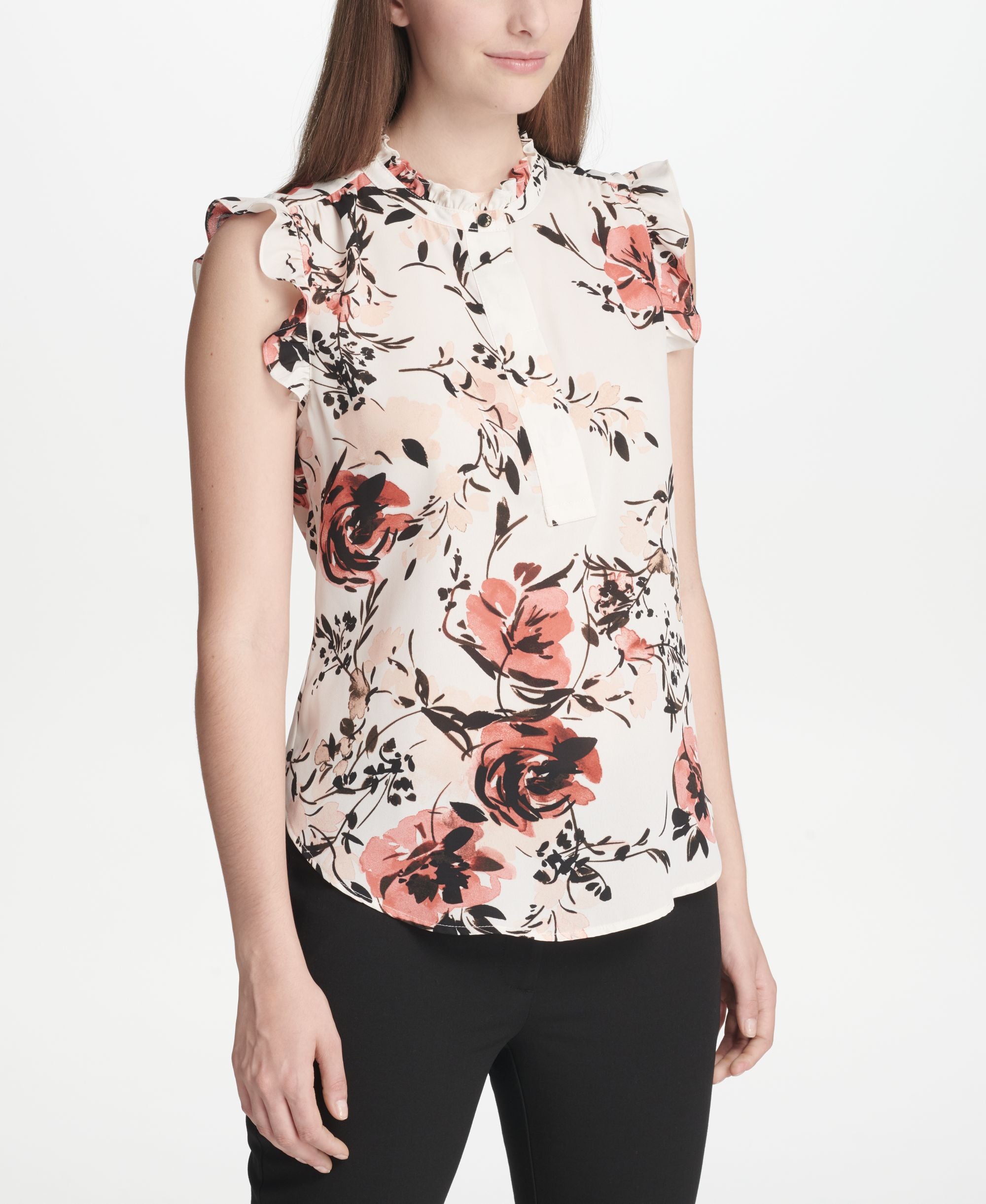 DKNY Petite Floral Print Ruffled Blouse
