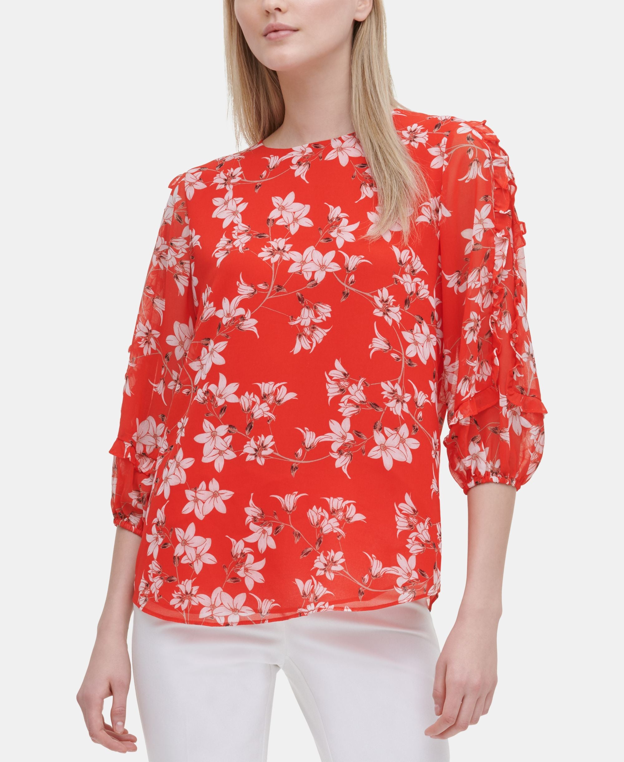 Calvin Klein Floral Print Ruffle Sleeve Top