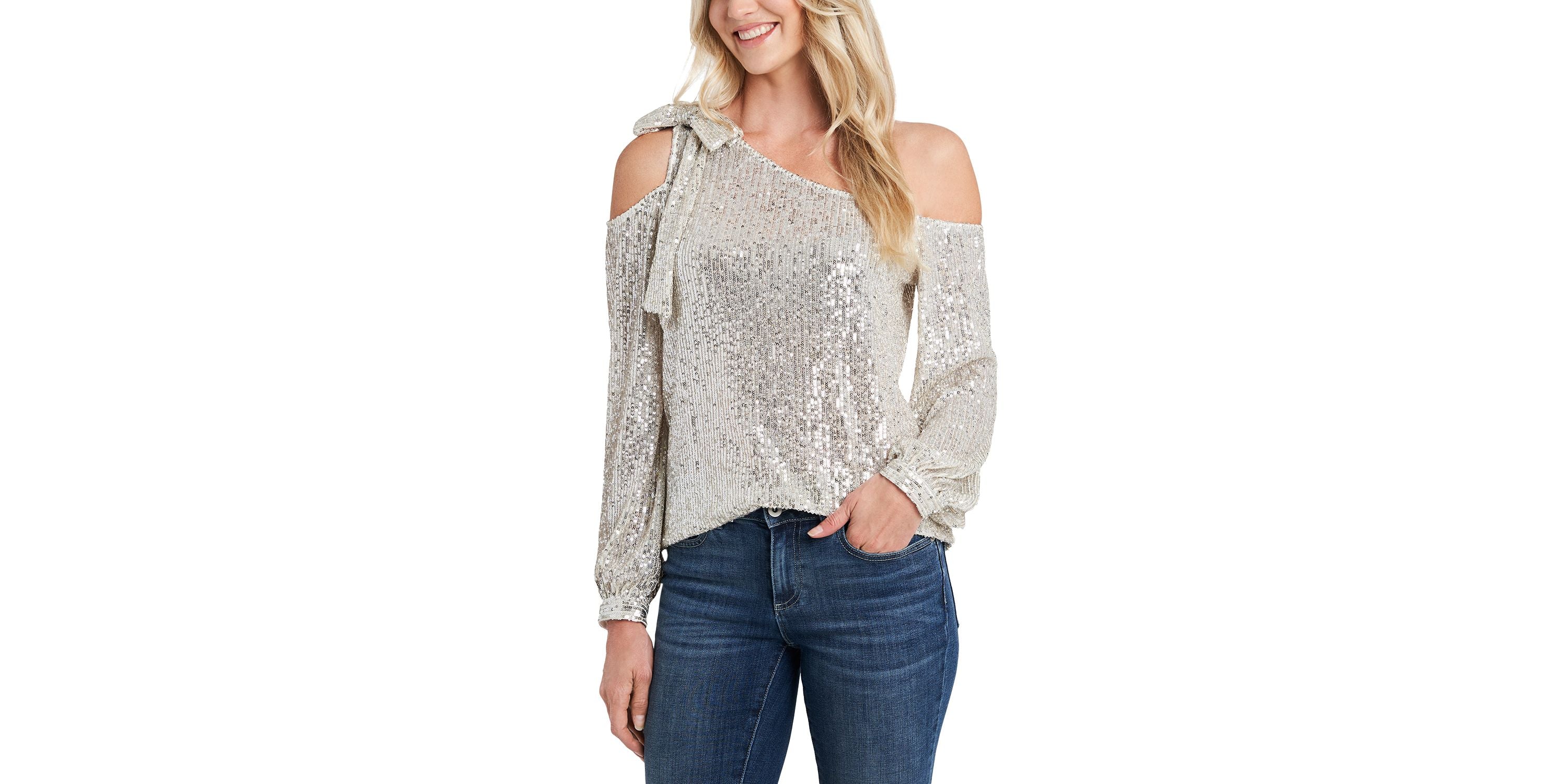 Women's Long Sleeve Sequin Bow Detail One-Shoulder Top