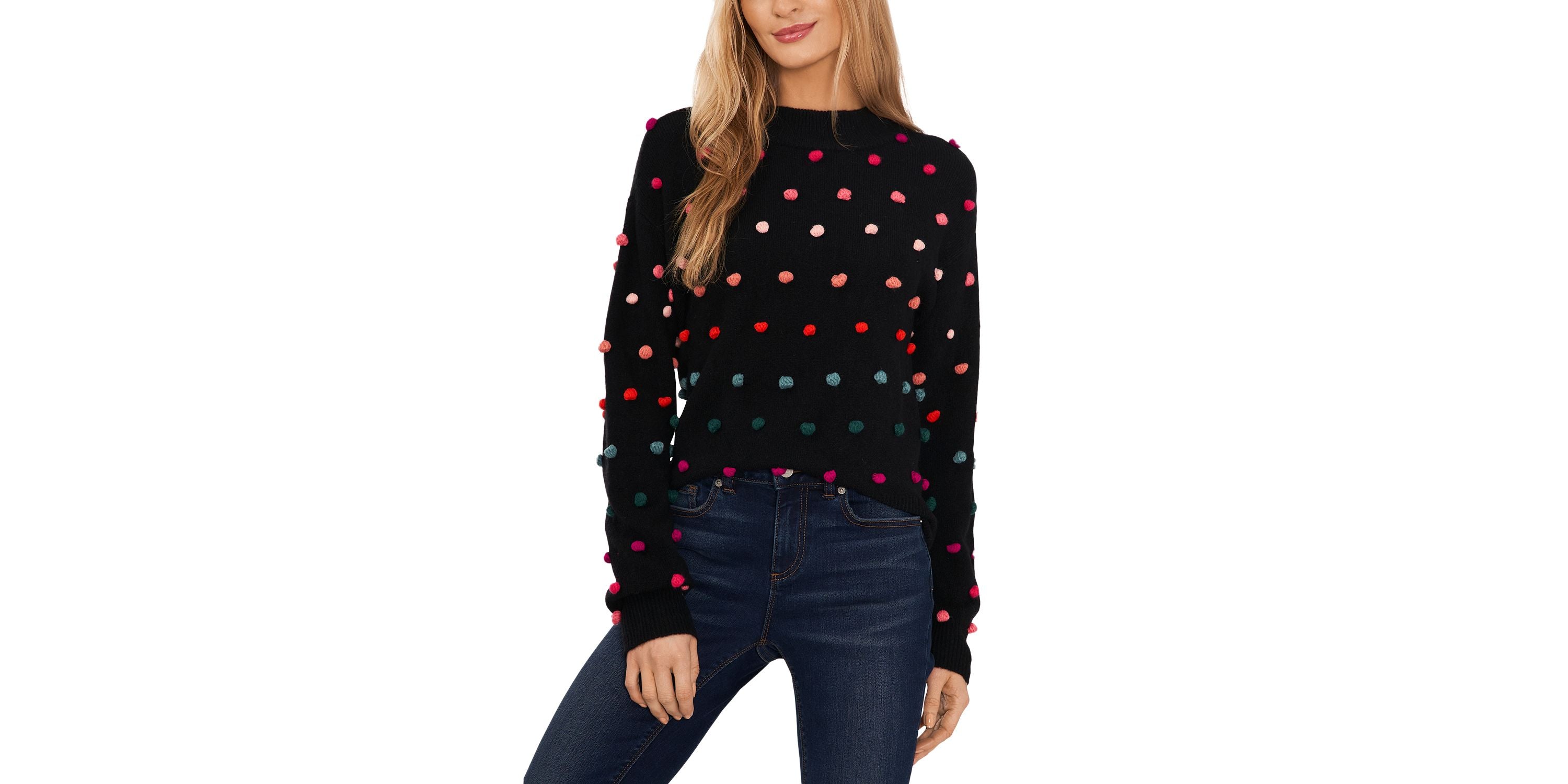 Women's Mock Neck Rainbow Pom Pom Sweater