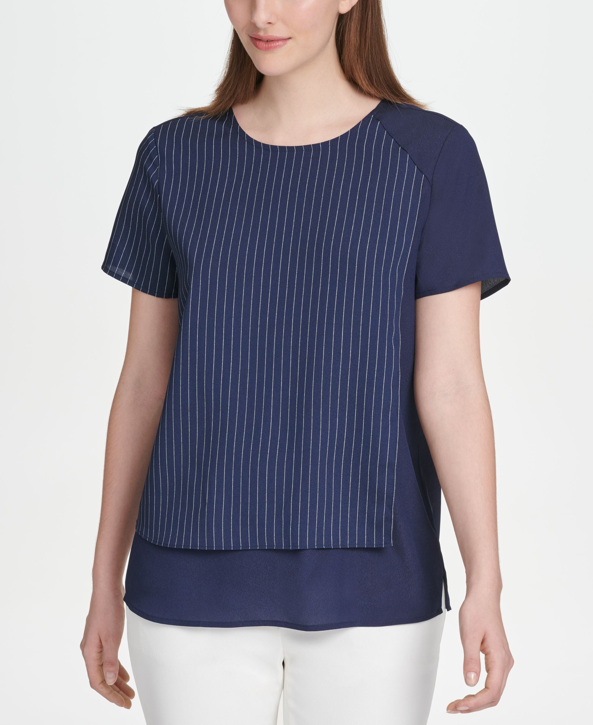 DKNY Striped Solid Crewneck Top