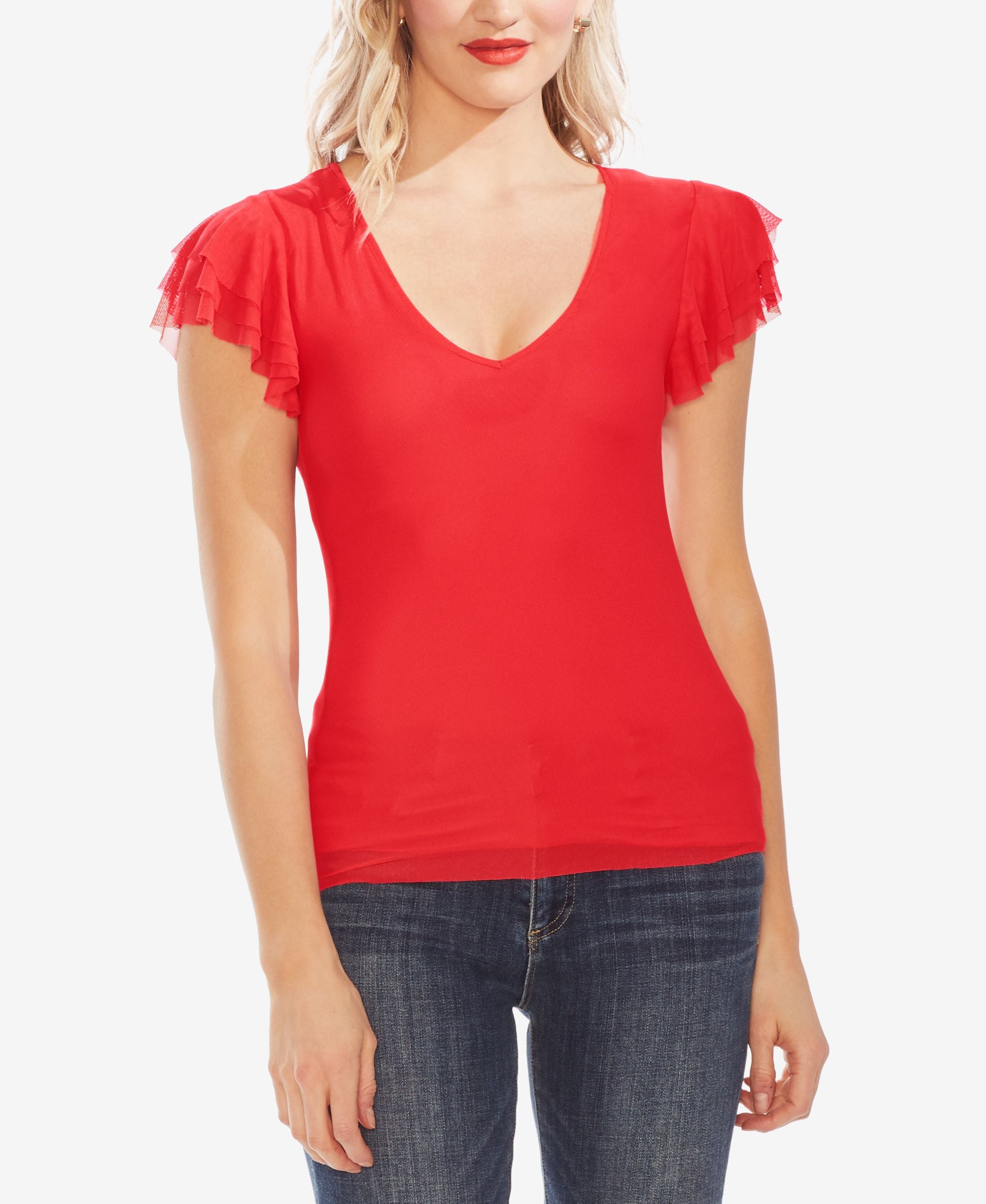 Vince Camuto Tiered Ruffle Sleeve Mesh Top