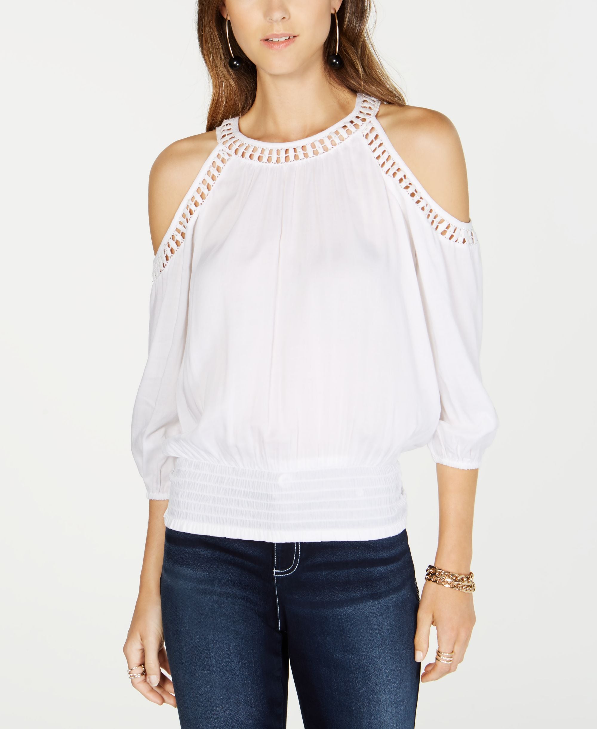 Crochet-Trim Cold-Shoulder Top