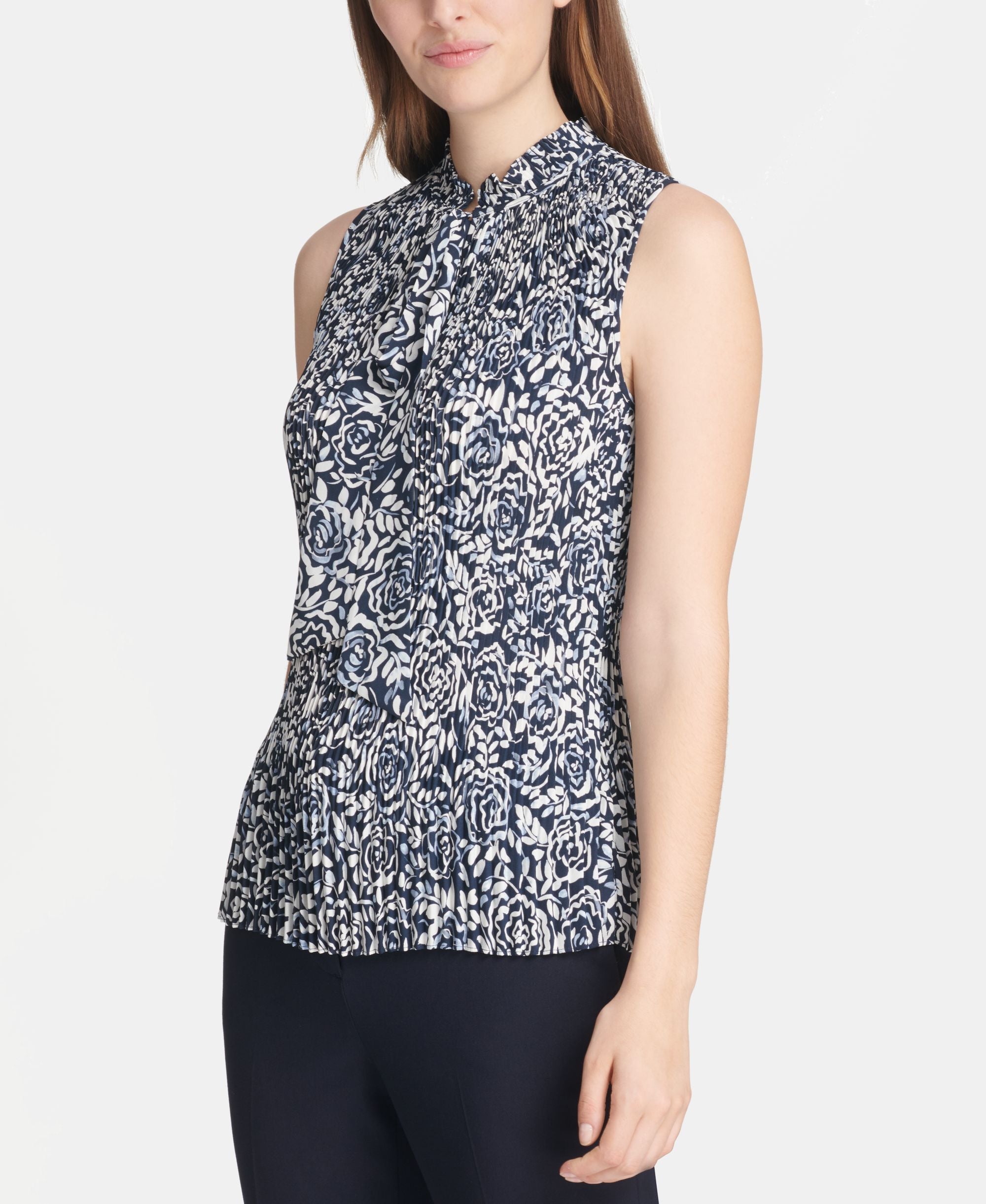 DKNY Printed Pleated Tie Neck Top