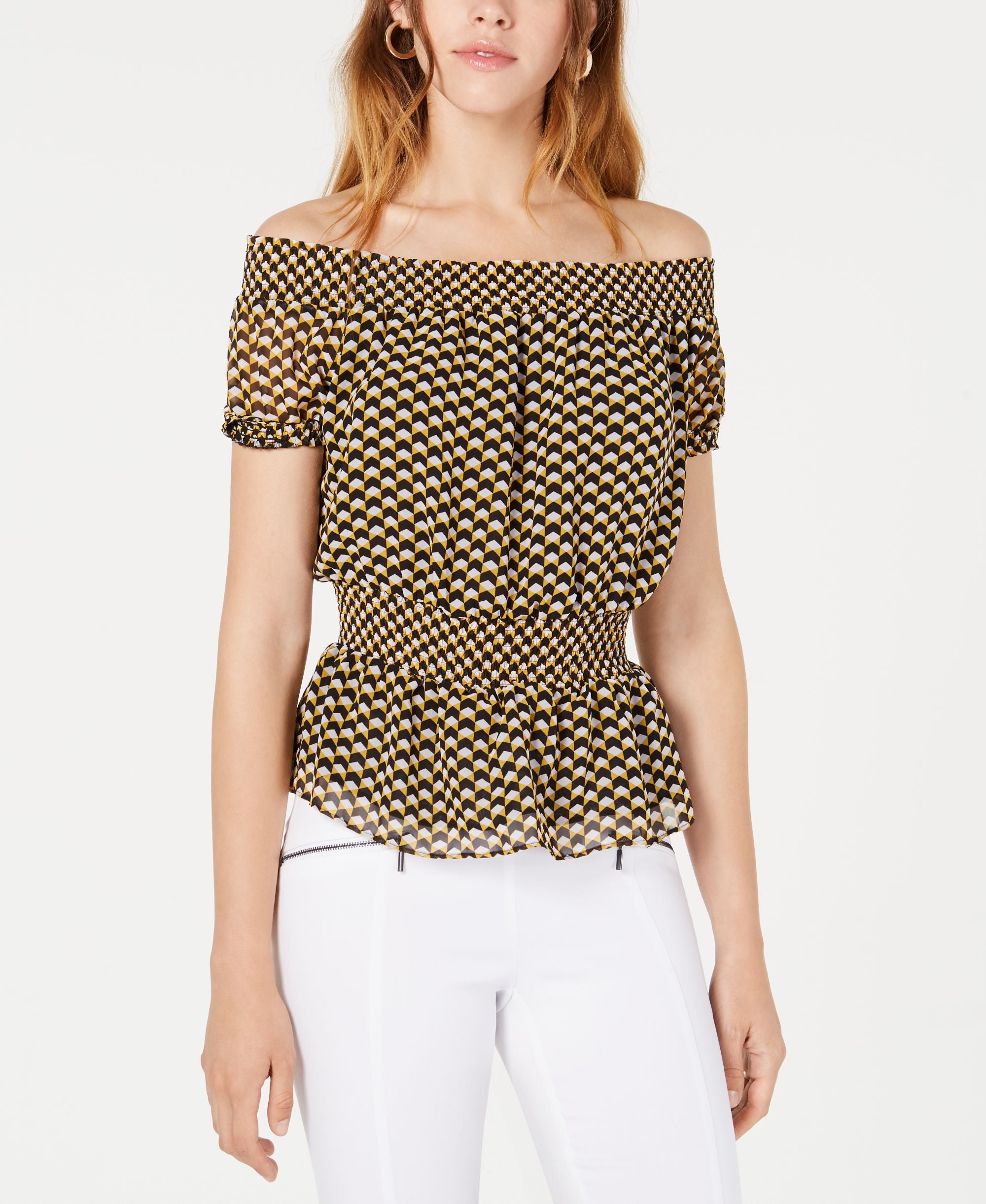 Bar III Geometric Print Smocked Top