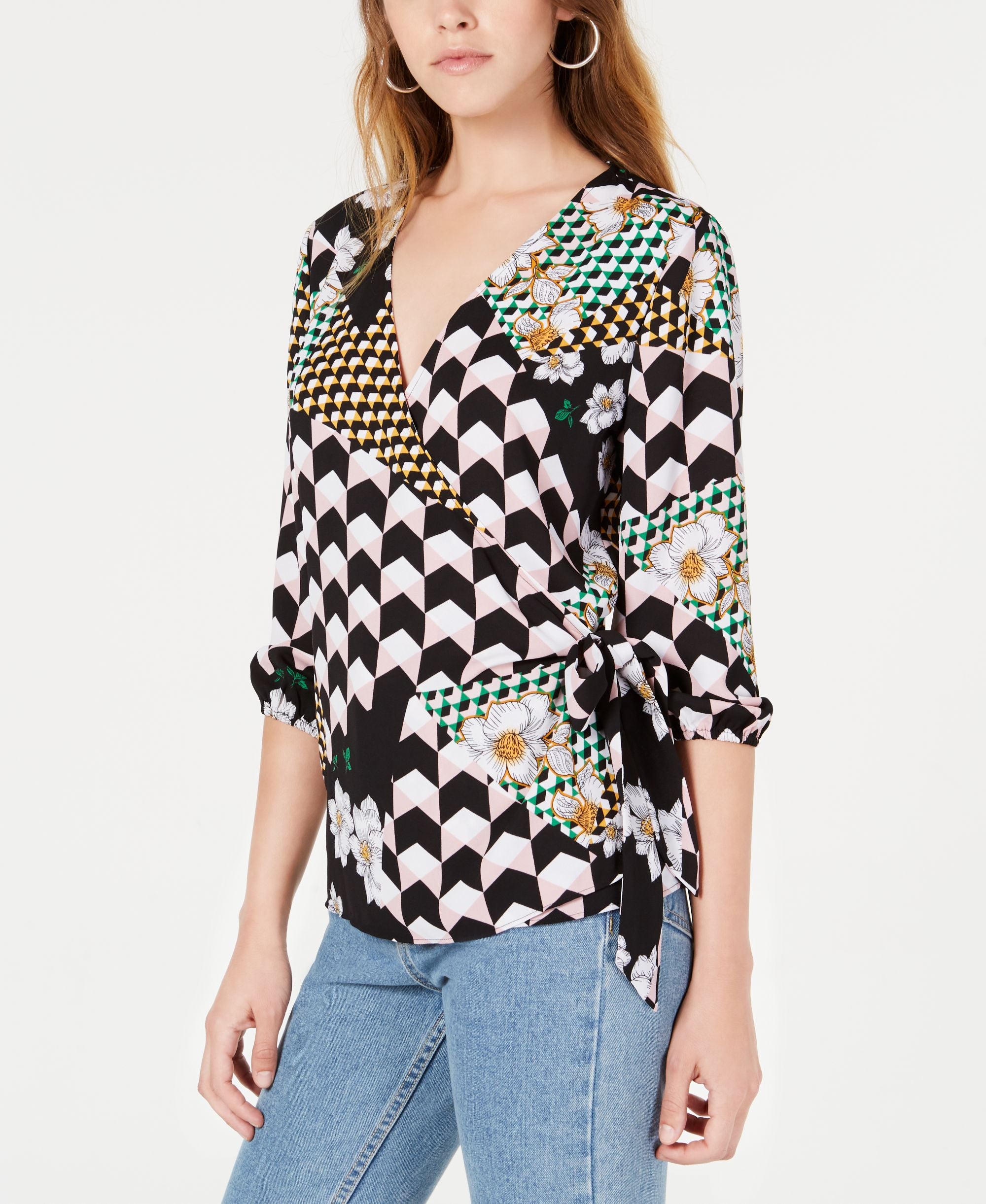 Bar III Mixed Print Wrap Top