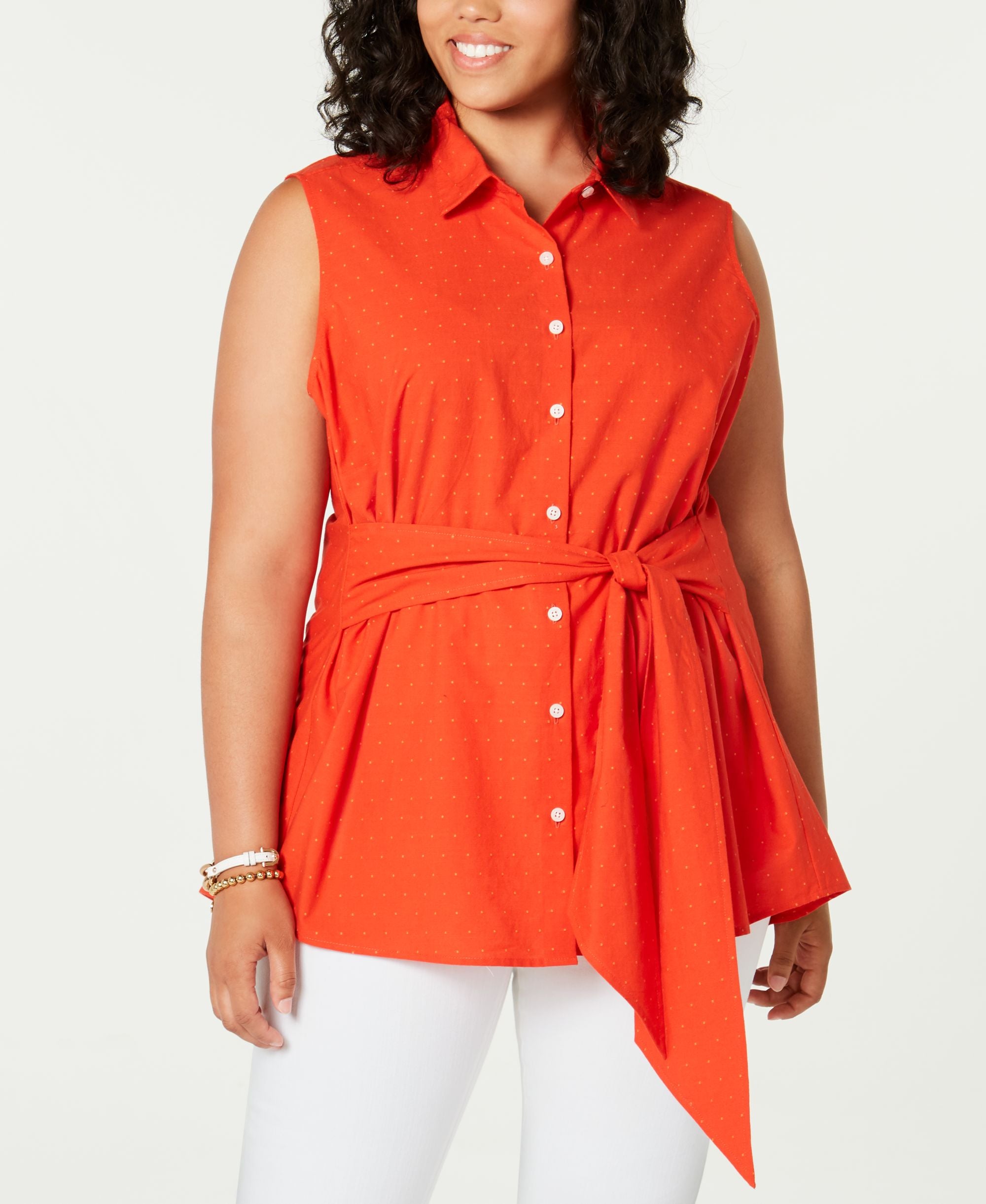 Tommy Hilfiger Plus Size Cotton Dot Print Tie Waist Shirt