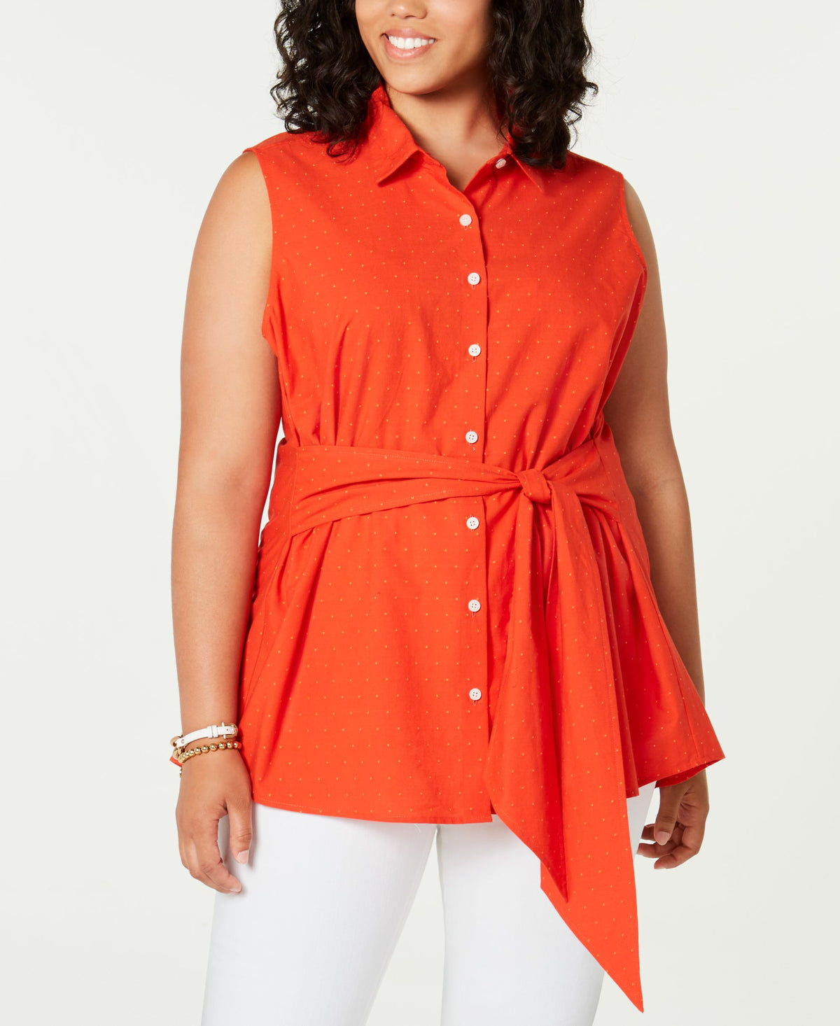 Tommy Hilfiger Plus Size Cotton Dot Print Tie Waist Shirt