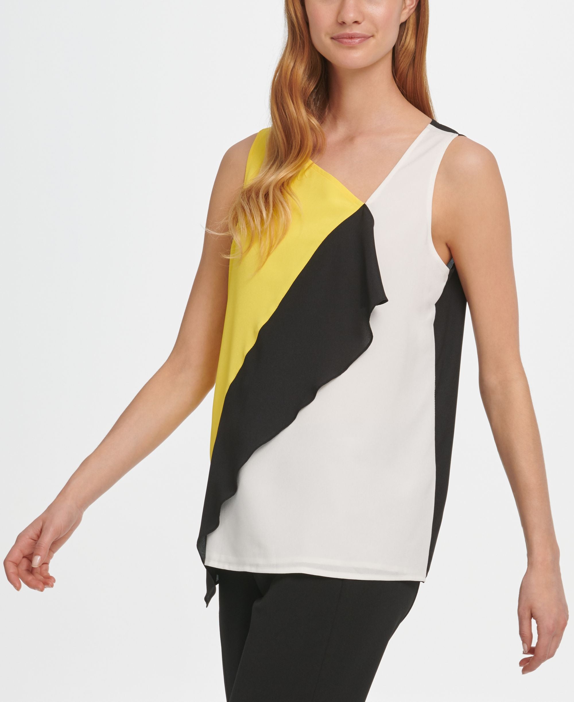DKNY Colorblocked Asymmetrical Ruffle Front Top