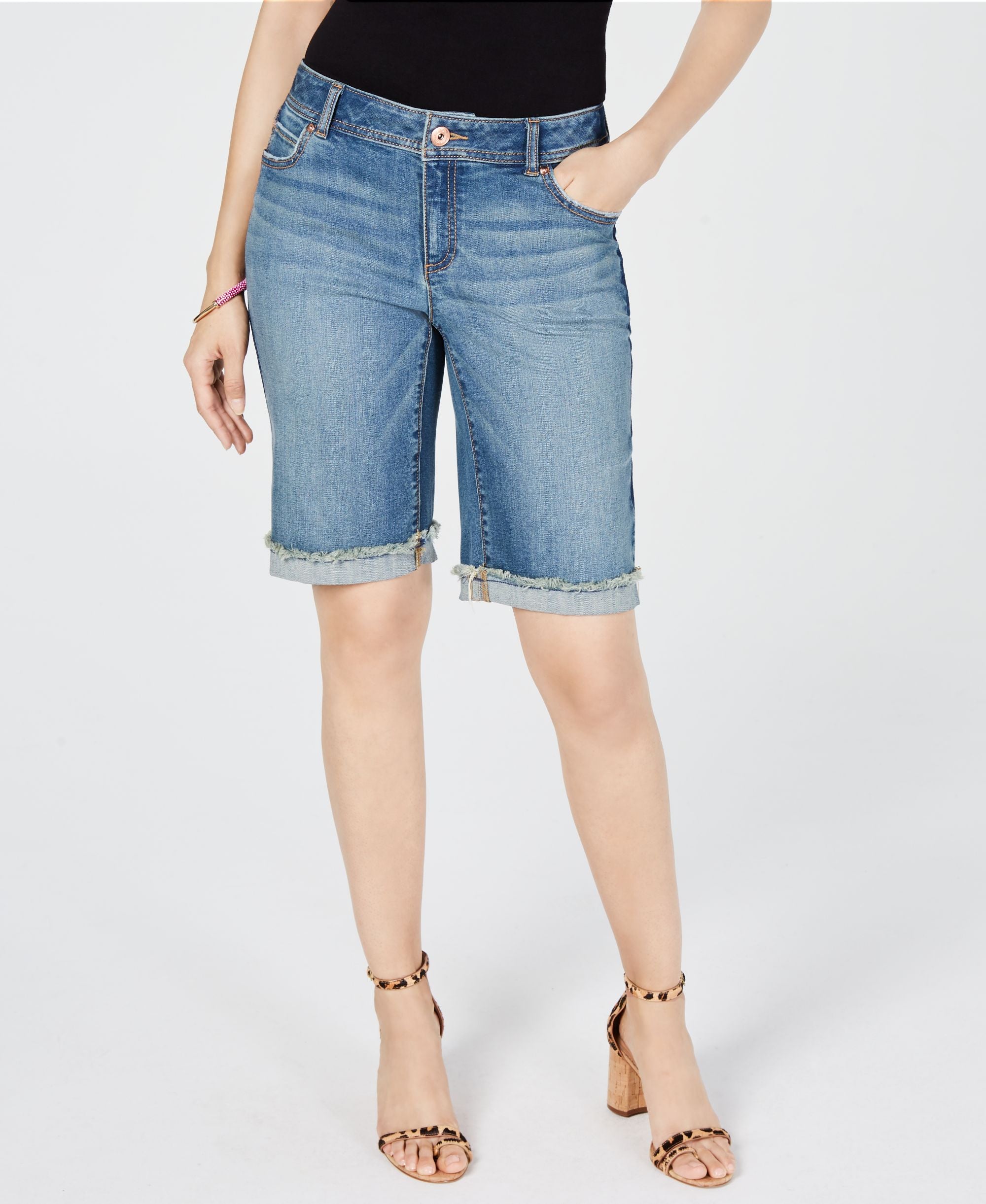 INC International Concepts Curvy Fit Contrast Trim Cuffed Denim Shorts