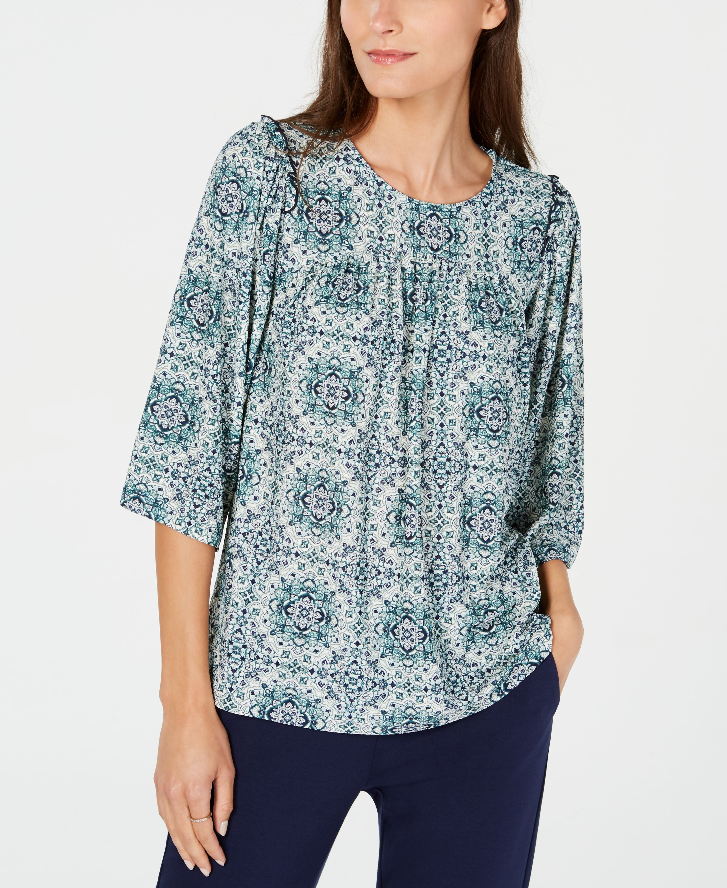 Medallion-Print Ruffled Blouse