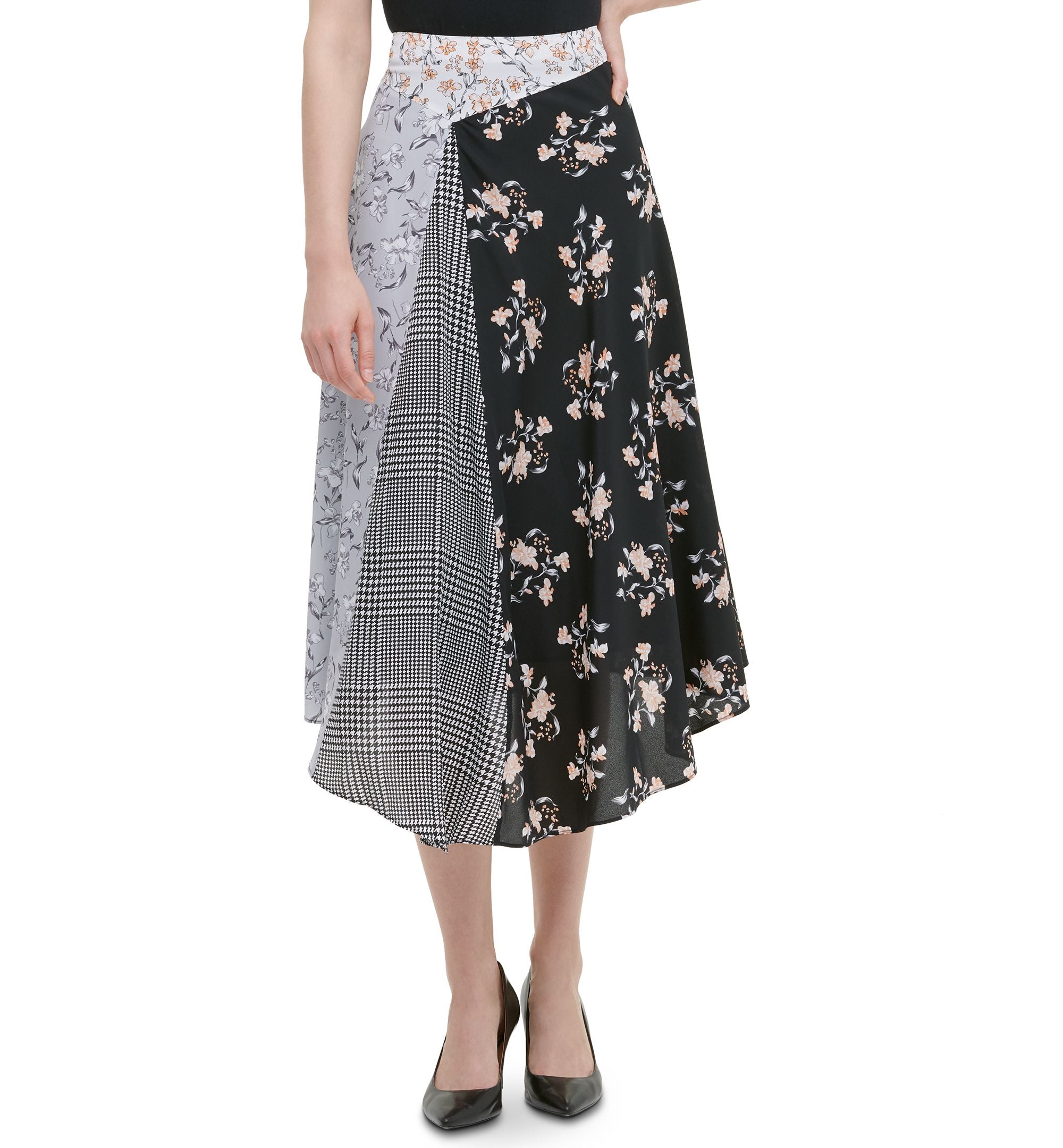 Pieced-Print Asymmetrical Midi Skirt