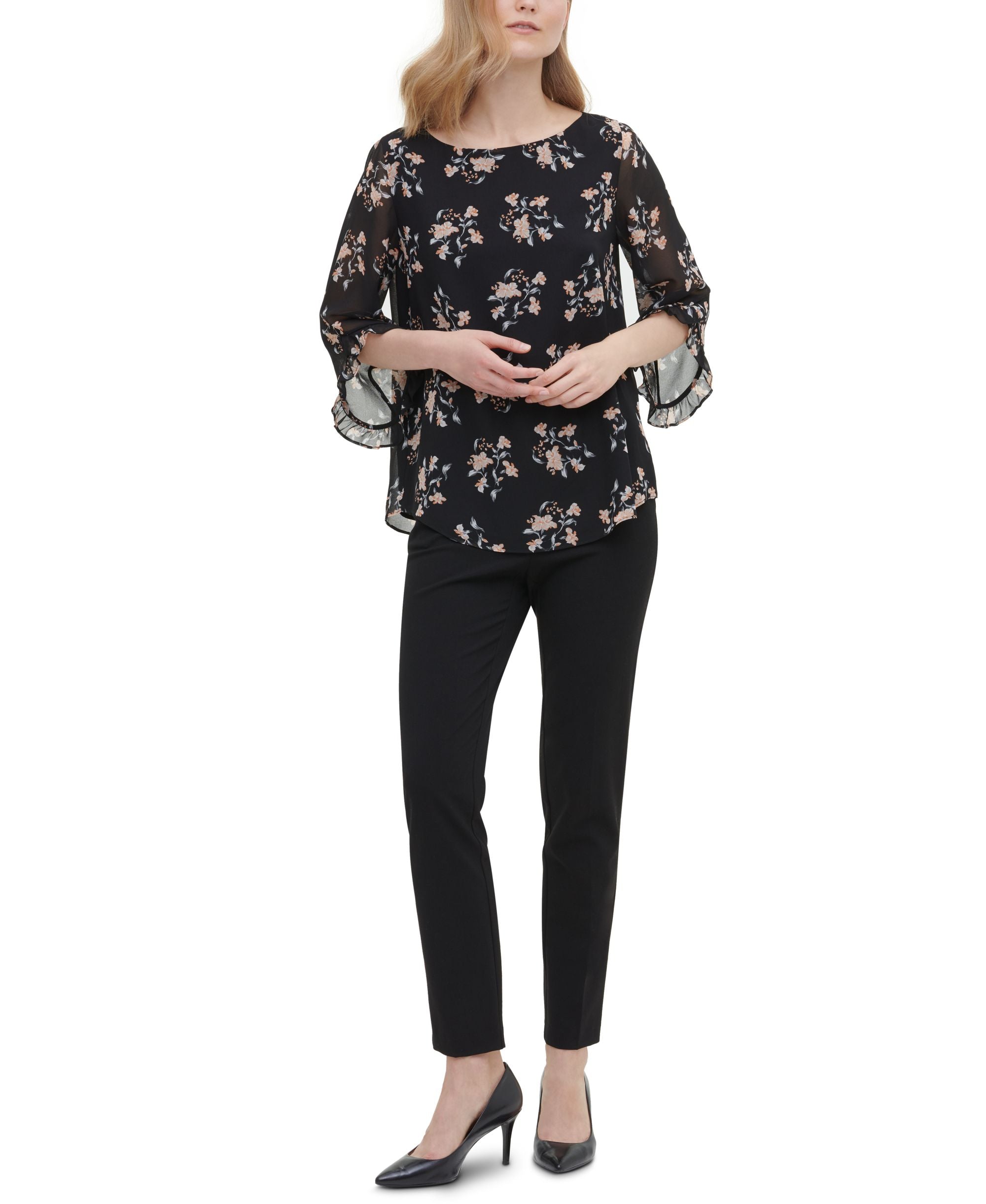 Calvin Klein Printed Ruffled Sleeve Blouse