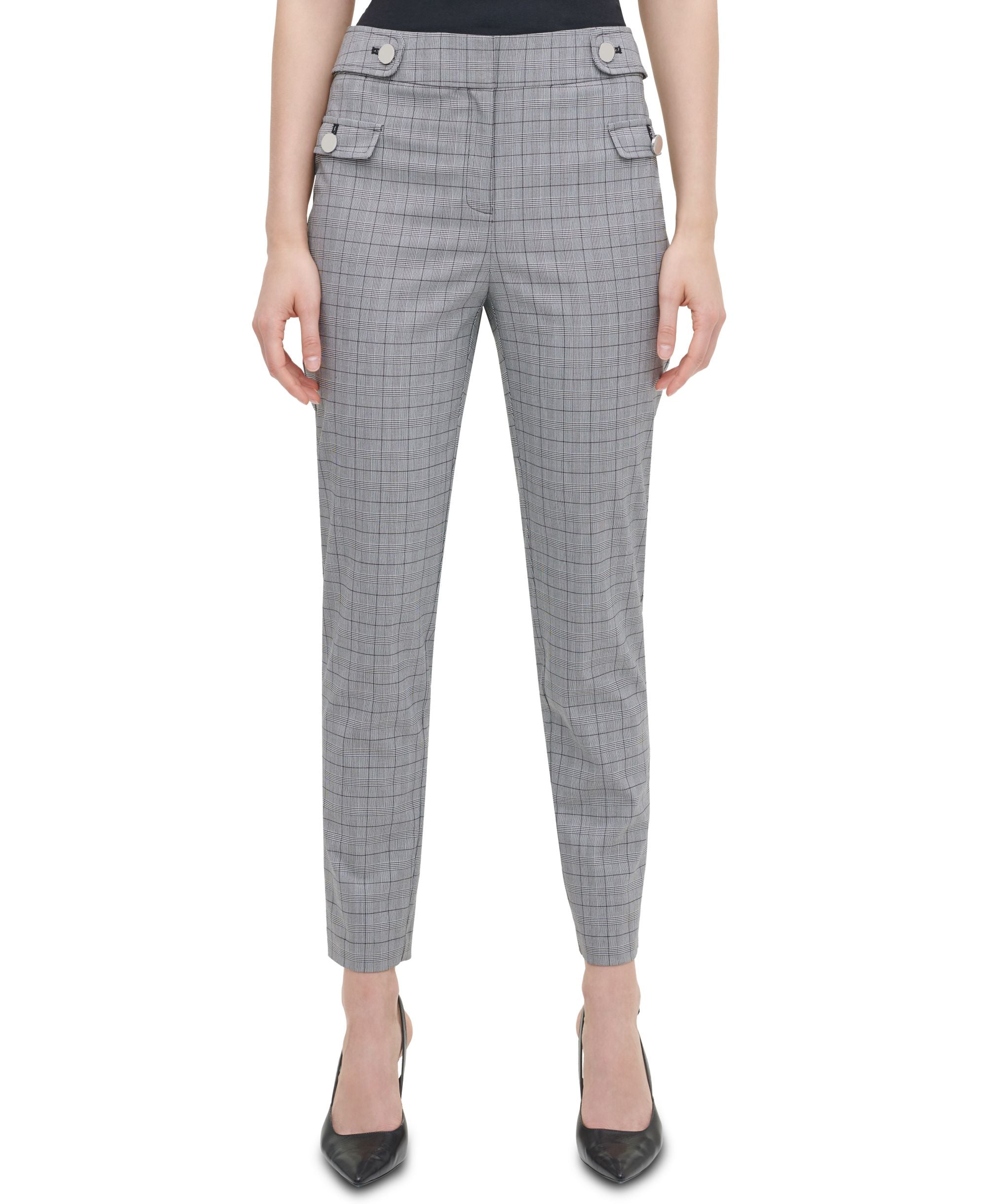 Plaid Button-Tab Ankle Pants