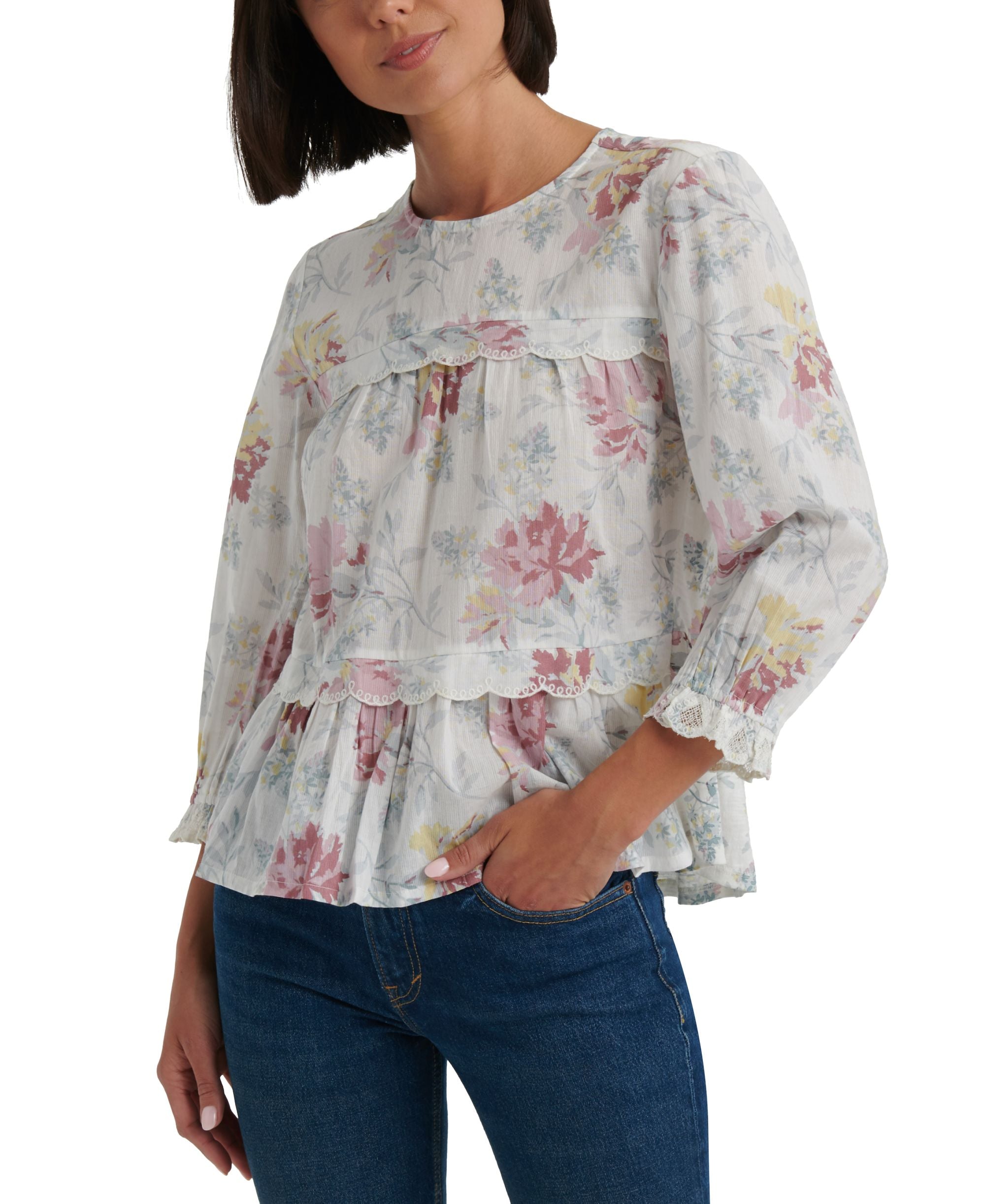 Lucky Brand Cotton Textured Lace Trim Top