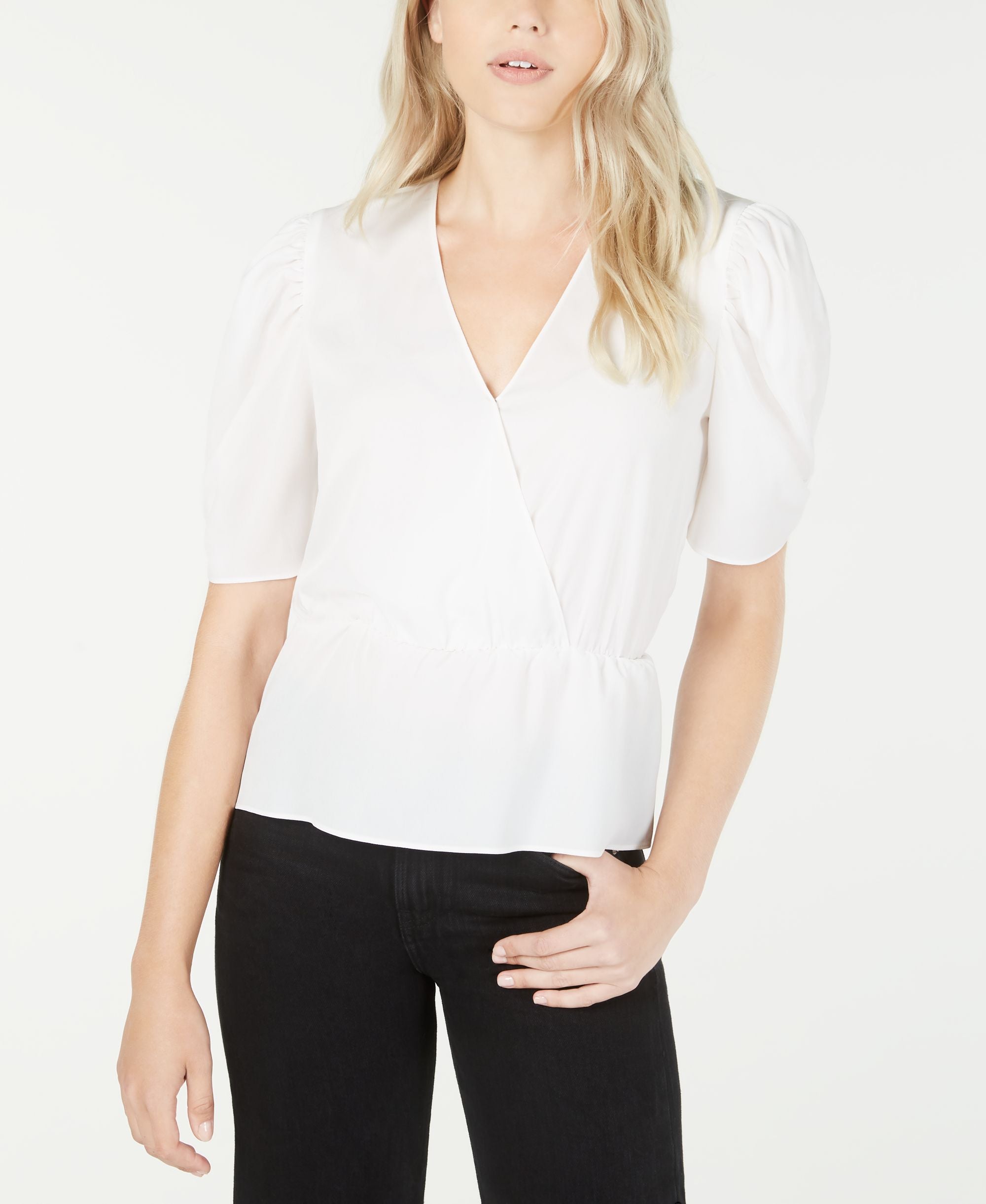 Surplice-Neck Puff-Sleeve Top