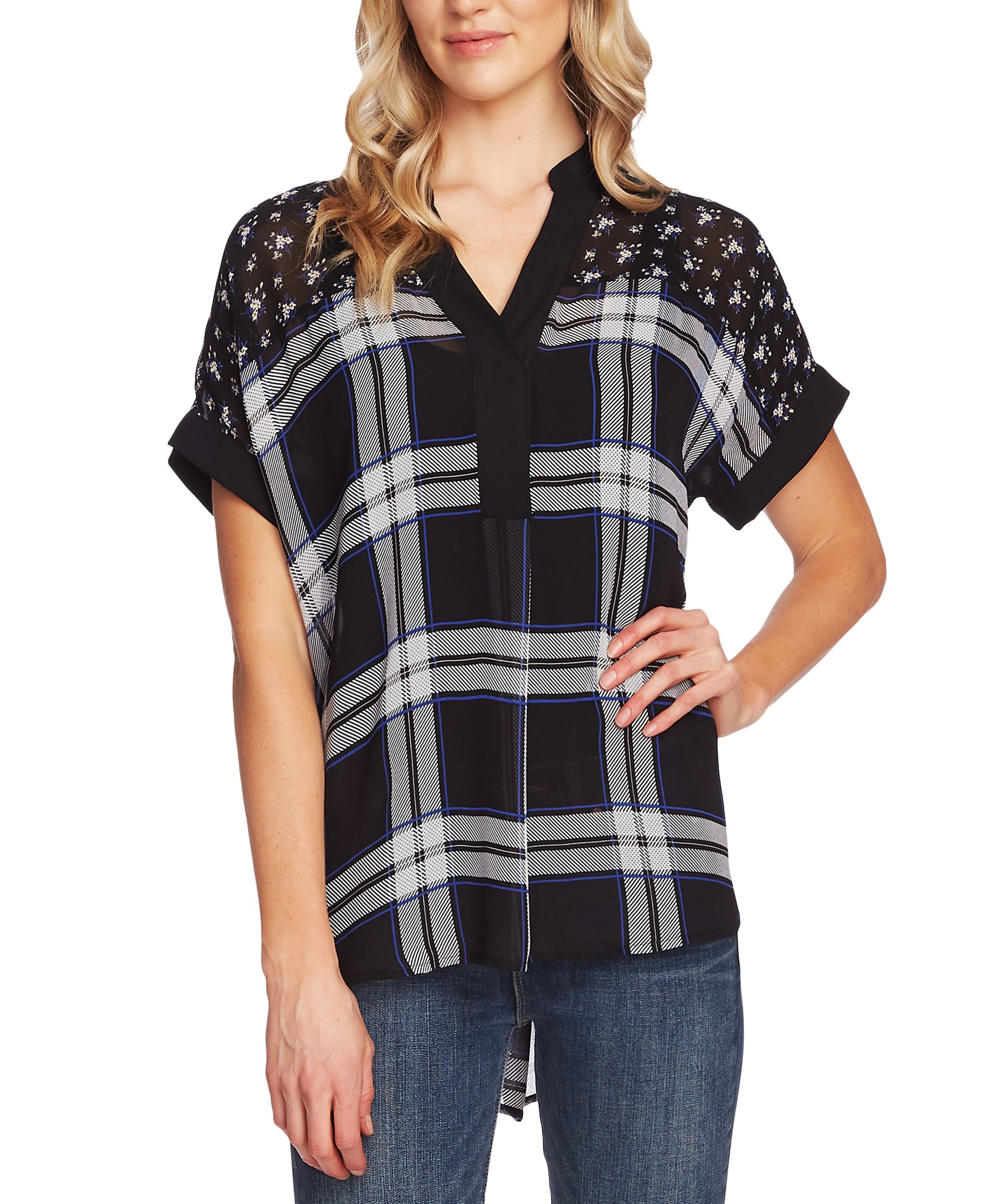 Vince Camuto Mixed Print Dolman Sleeve Henley Top