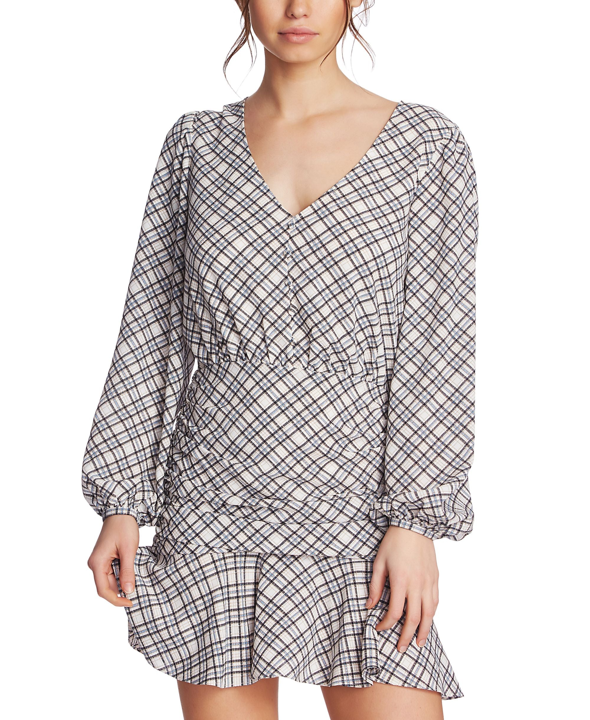 1.State Plaid Ruched Ruffle Dress