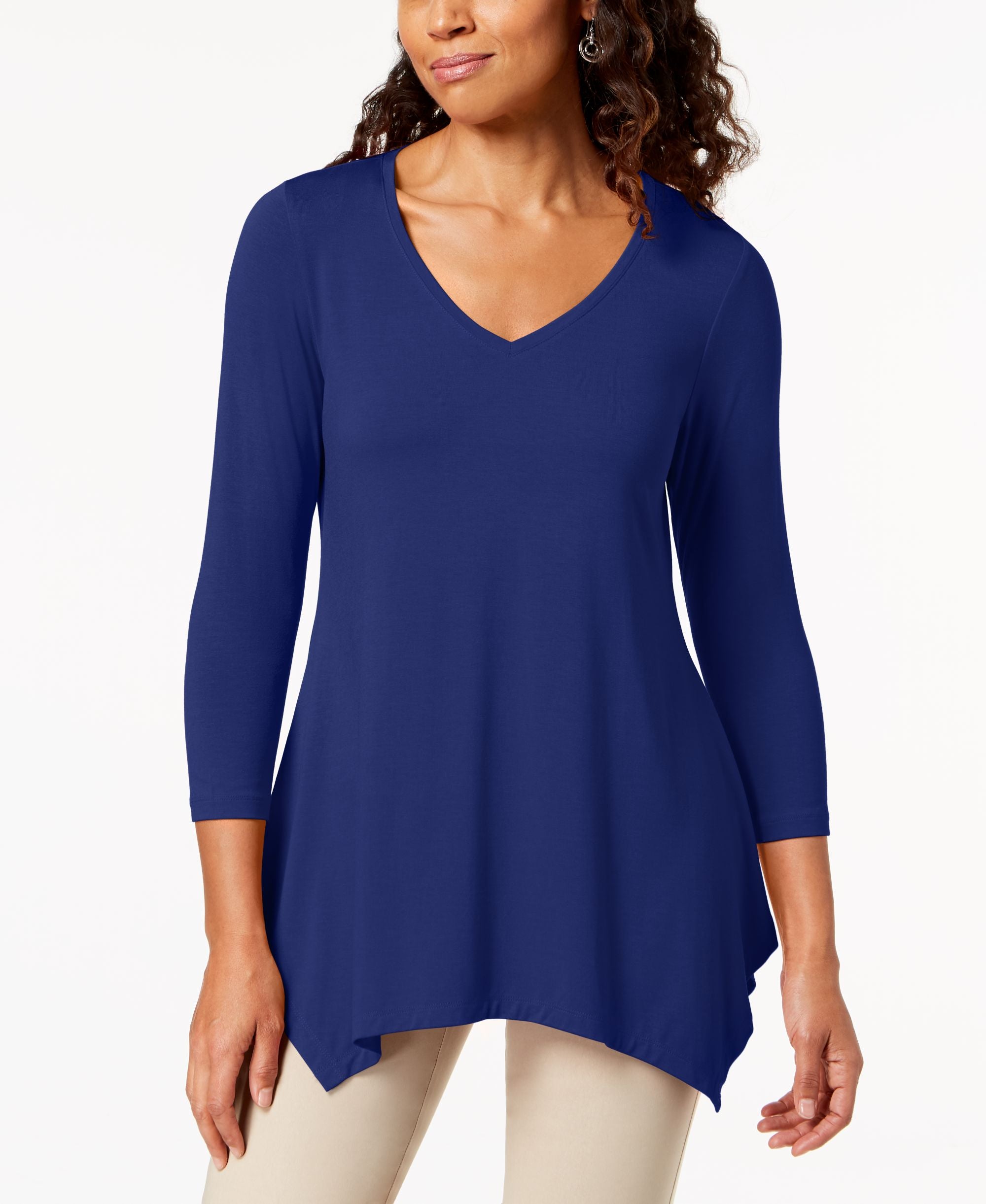 JM Collection V Neck Handkerchief Hem Top