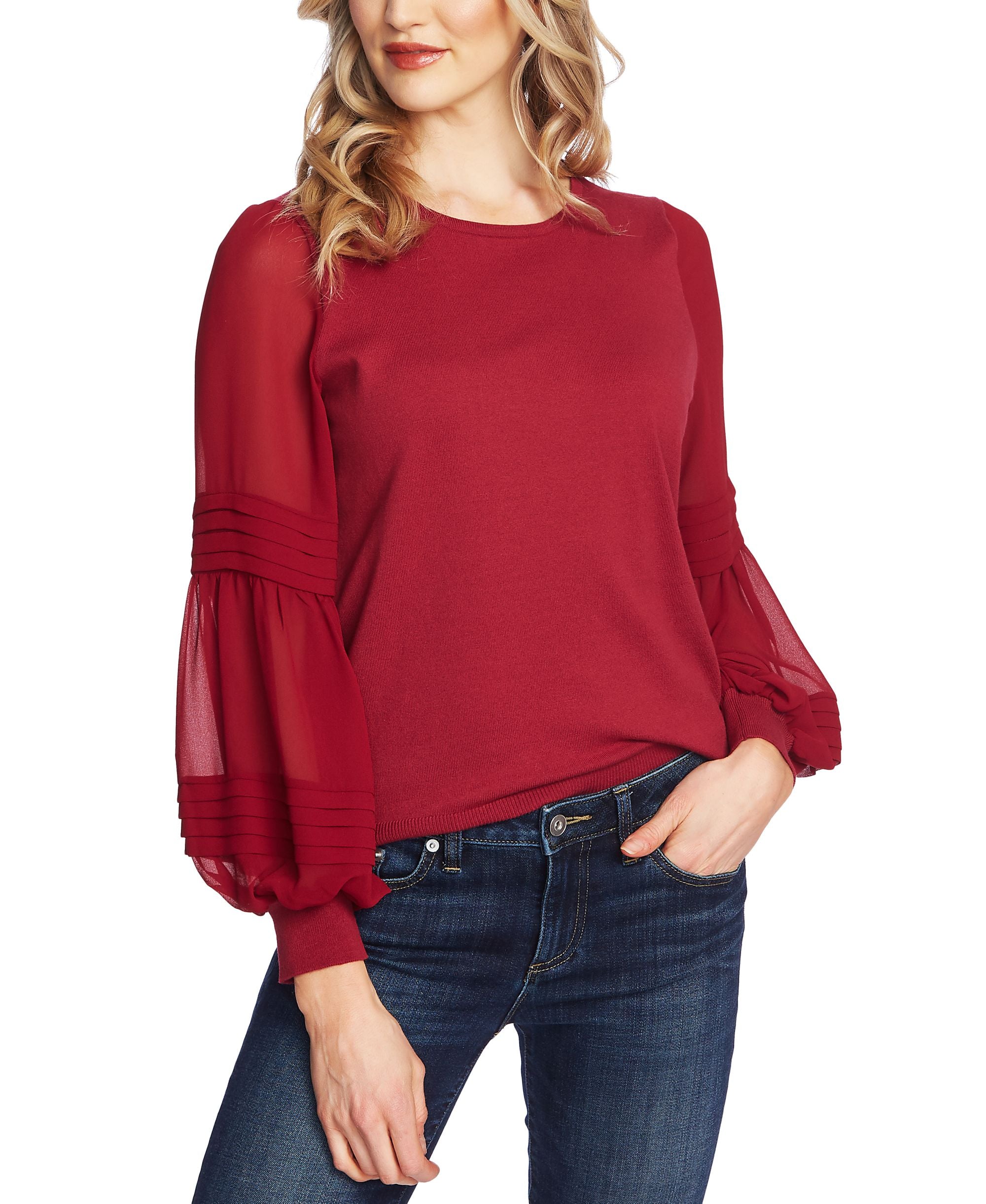 Cece Sheer Contrast Peasant Sleeve Sweater