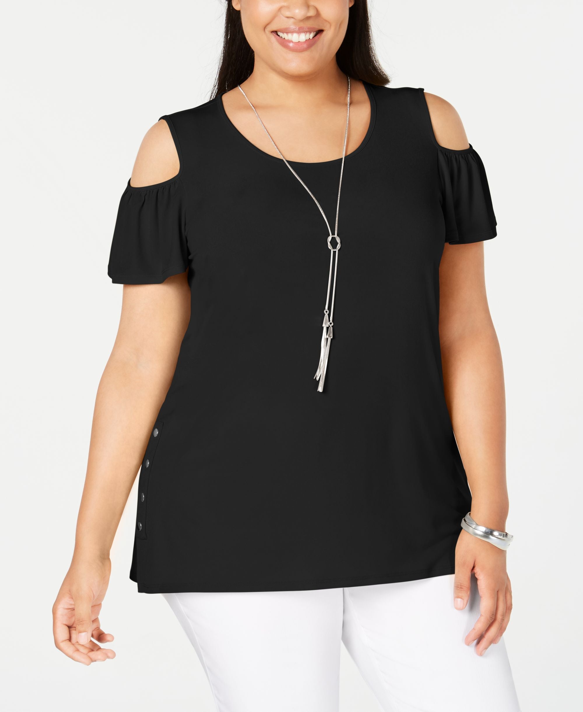 Plus Size Flutter-Sleeve Cold-Shoulder Necklace Top