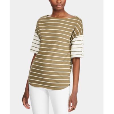 Lauren Ralph Lauren Stripe Print Lace Up Sleeve Cotton Top
