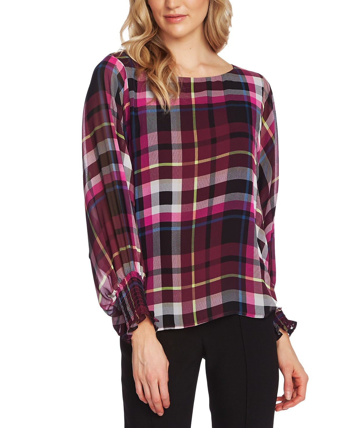 Vince Camuto Plaid Print Blouson Top