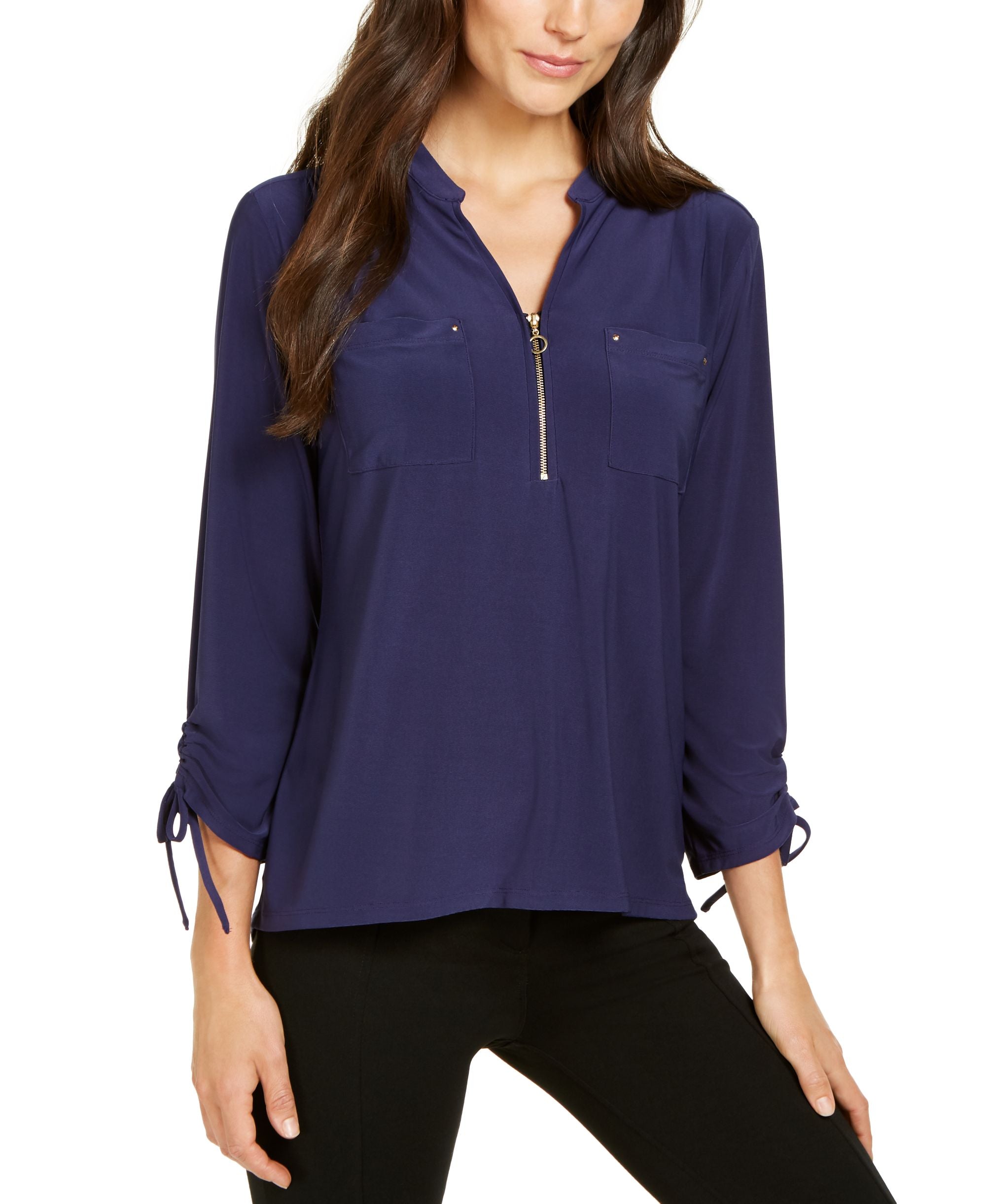 NY Collection Petite Zip Neck Tie Cuff Top