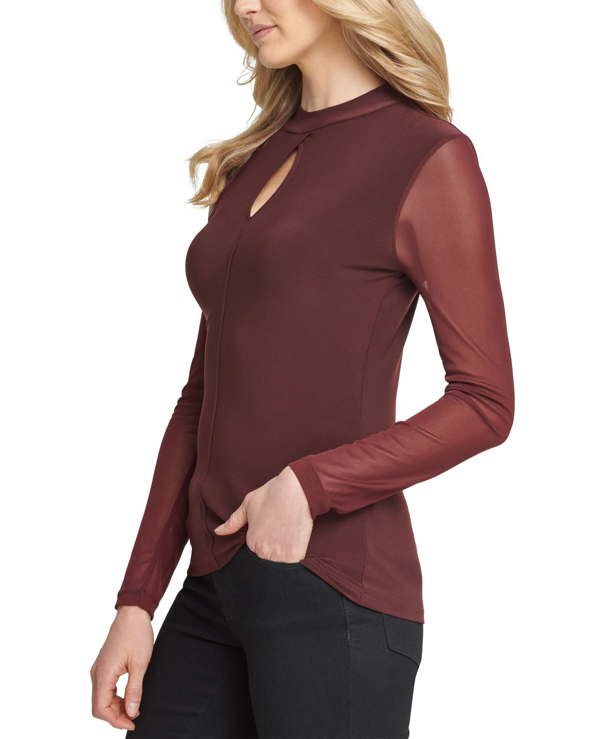 DKNY Sheer Sleeve Keyhole Top