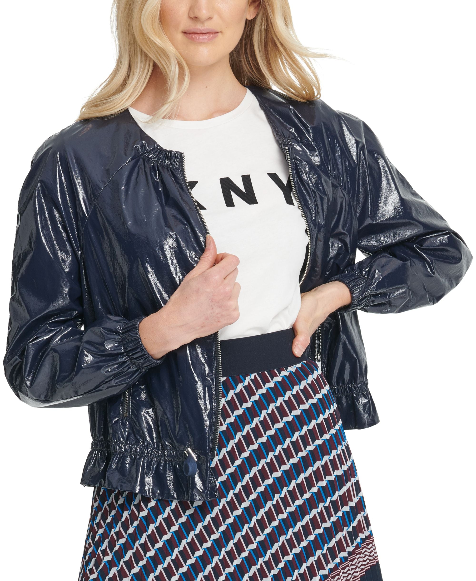 DKNY Faux Leather Drawstring Bomber Jacket