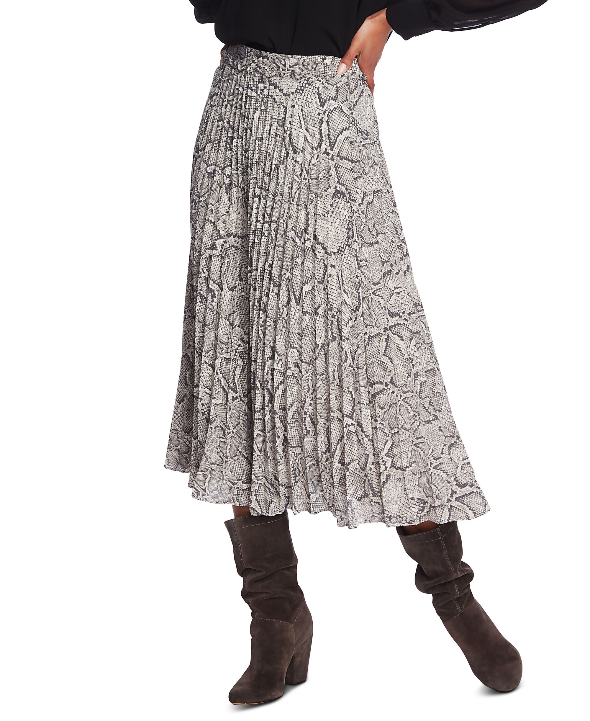 1.State Pleated Snake Print Midi Skirt
