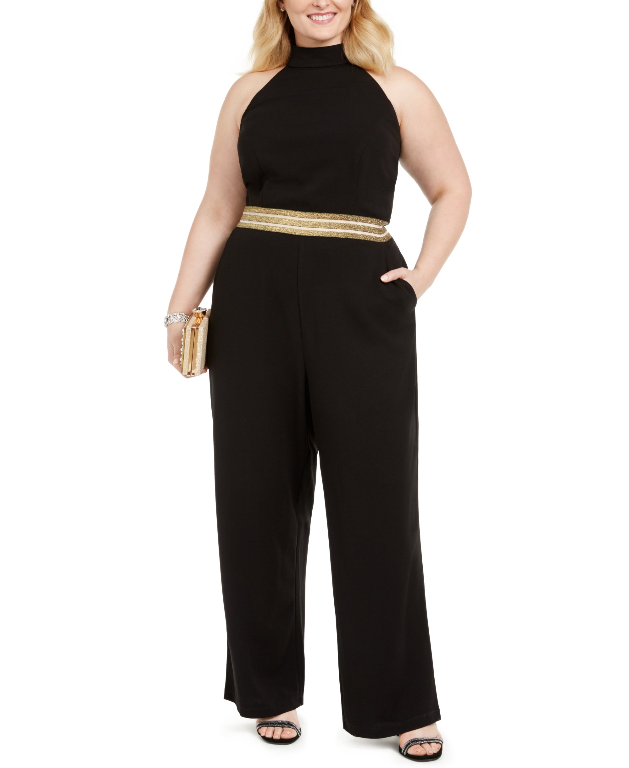 Teeze Me Trendy Plus Size Banded-Waist Halter Jumpsuit Black Gold 14W