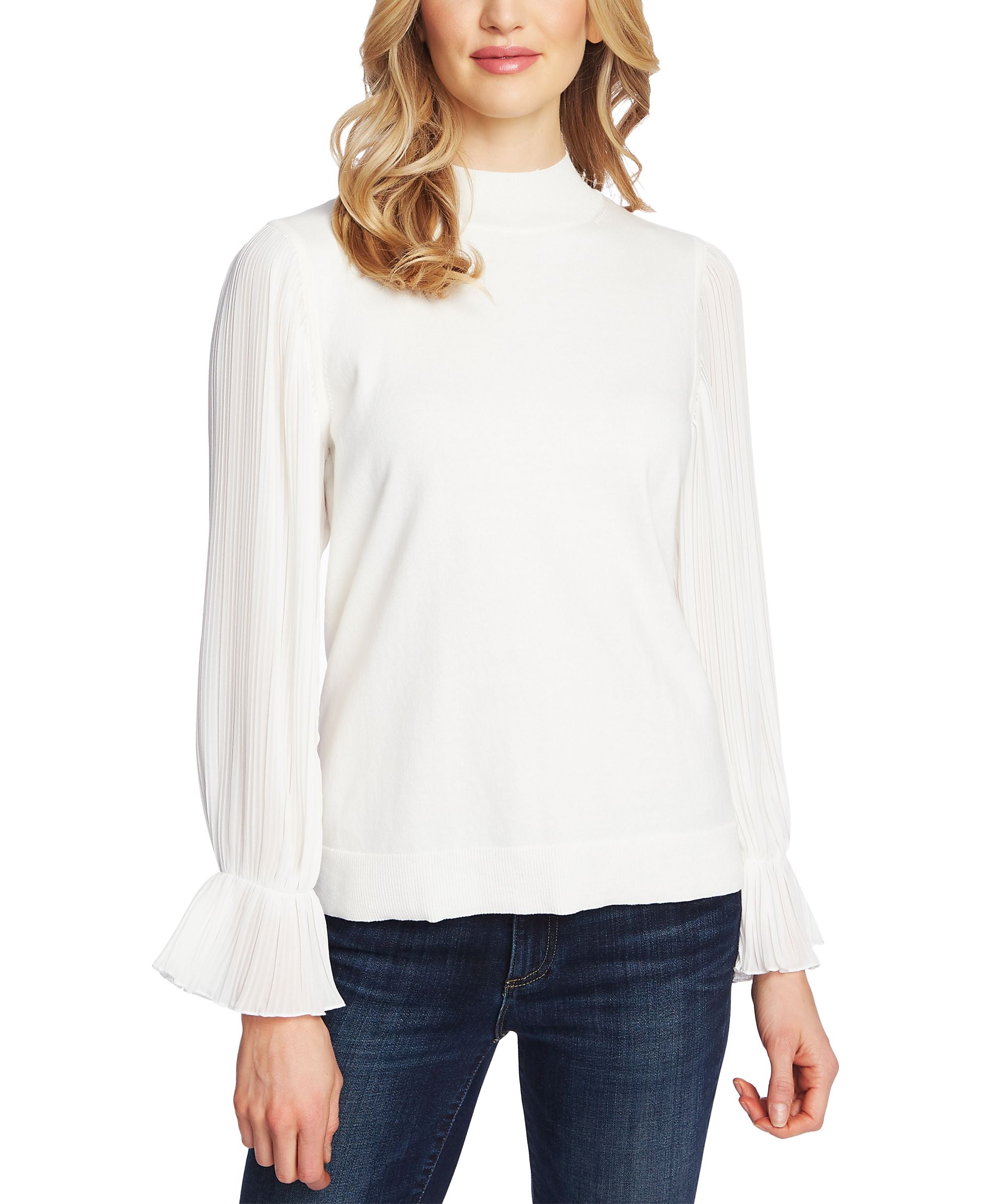 Women's Pleated Bell-Sleeve Mock-Neck Cotton Sweater