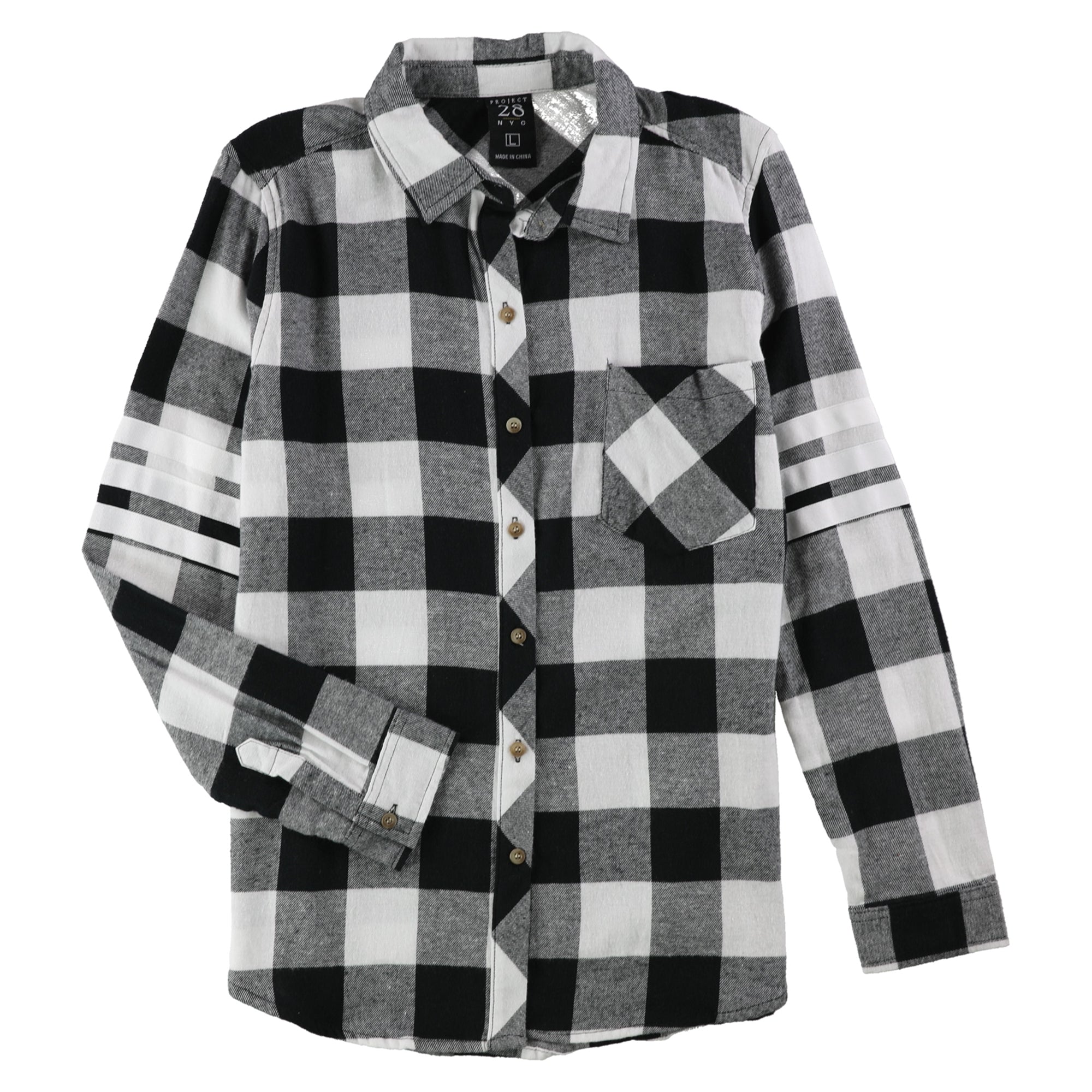 Project 28 Womens 3 Stripe Varsity Plaid Button Up Shirt, Black, Small