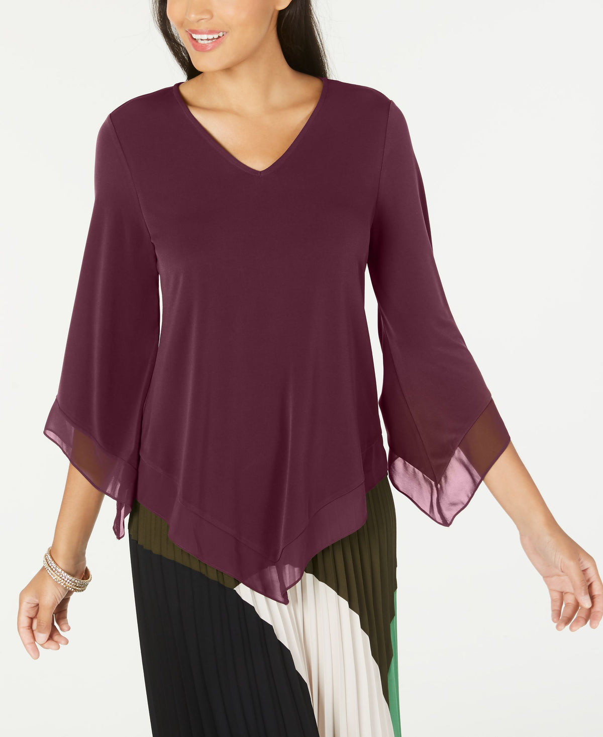Petite Pointed-Hem Chiffon-Trim Top