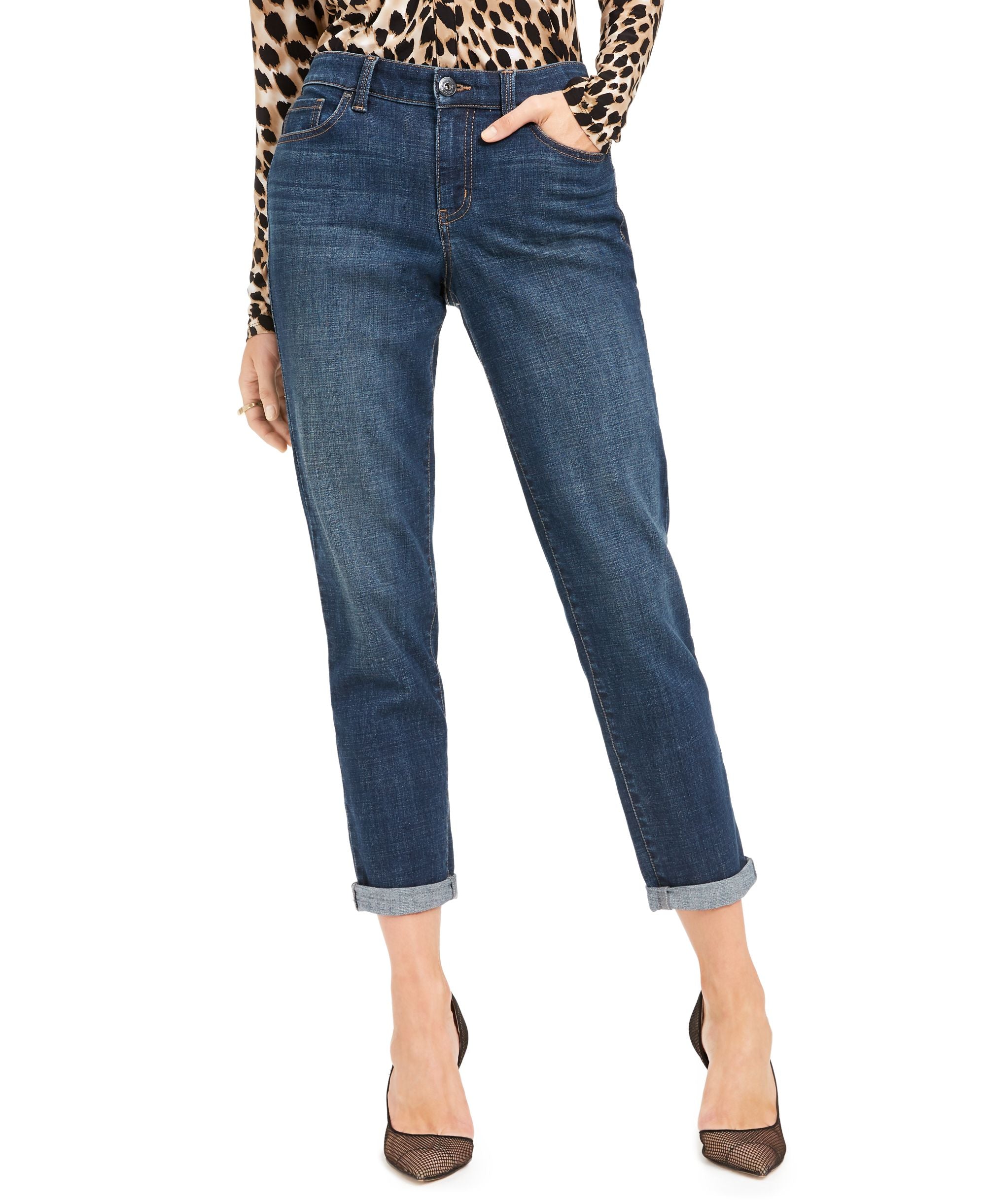Petite Straight-Leg Cuffed Boyfriend Jeans