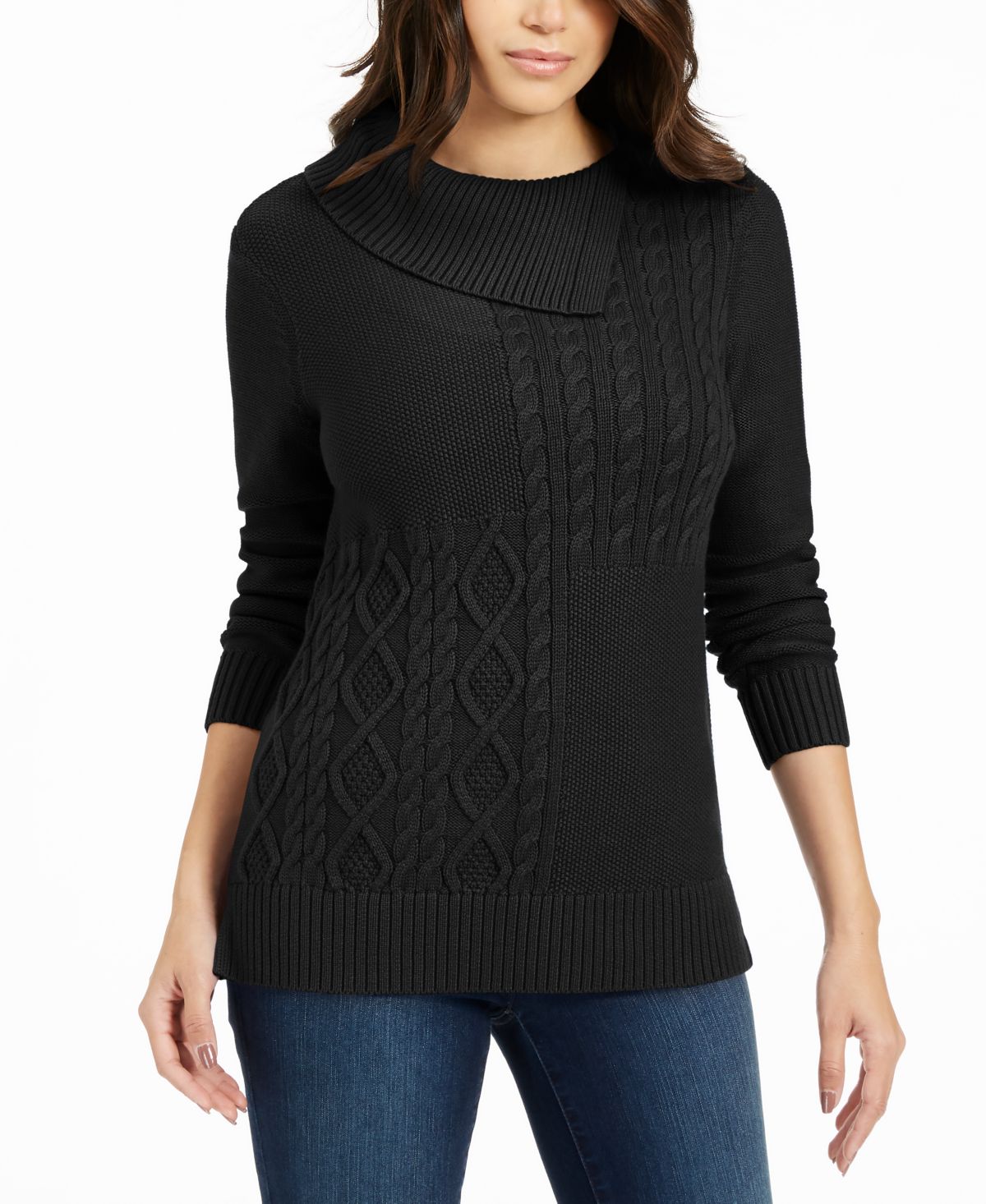 Charter Club Patchwork-Stitch Asymmetrical-Collar Sweater