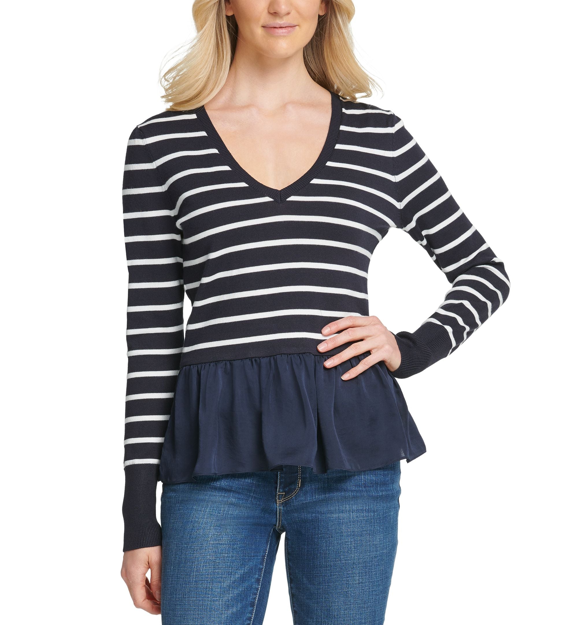 DKNY Striped Peplum Hem Sweater