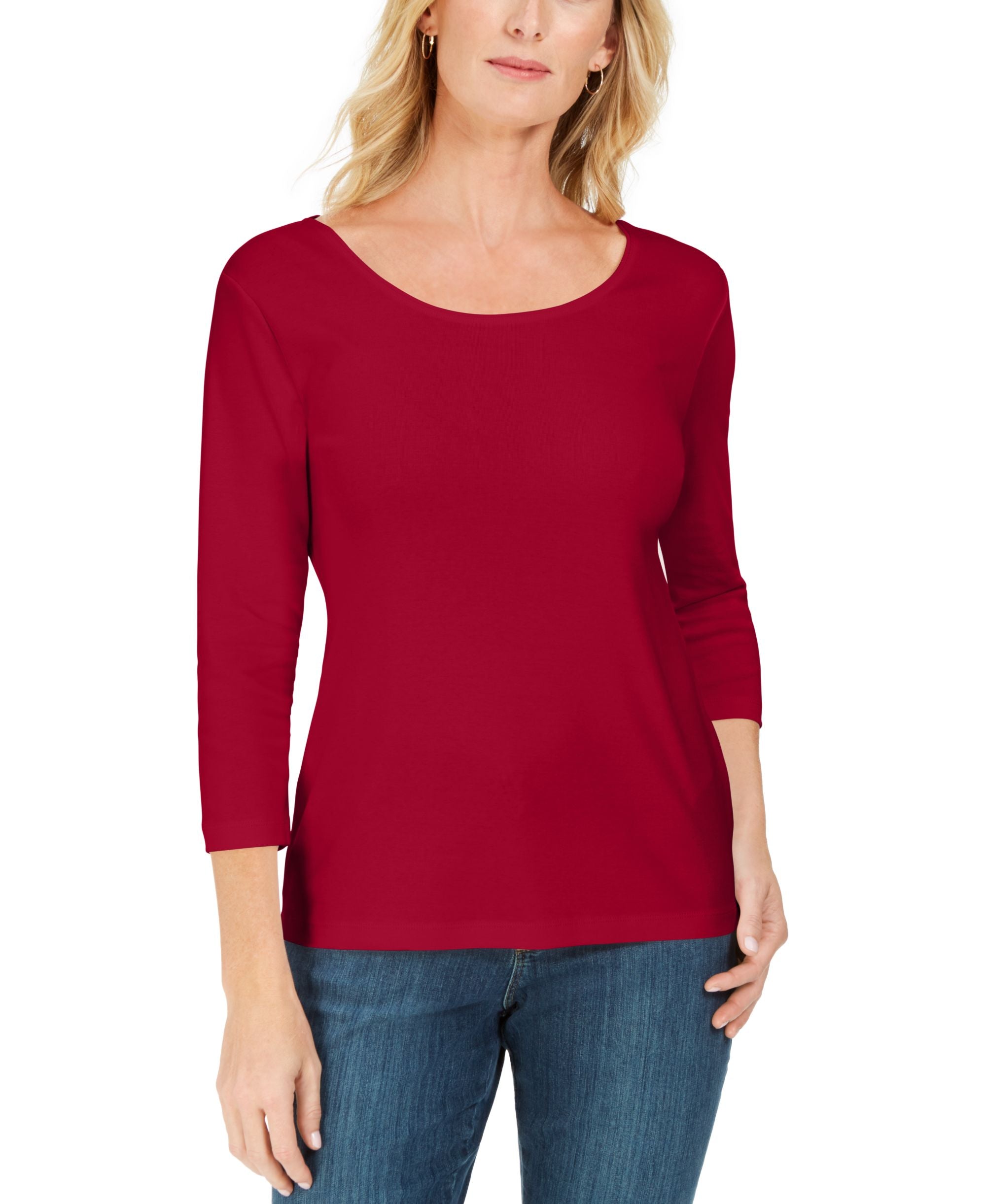 Petite 3/4 Sleeve Cotton Scoop-Neck Top