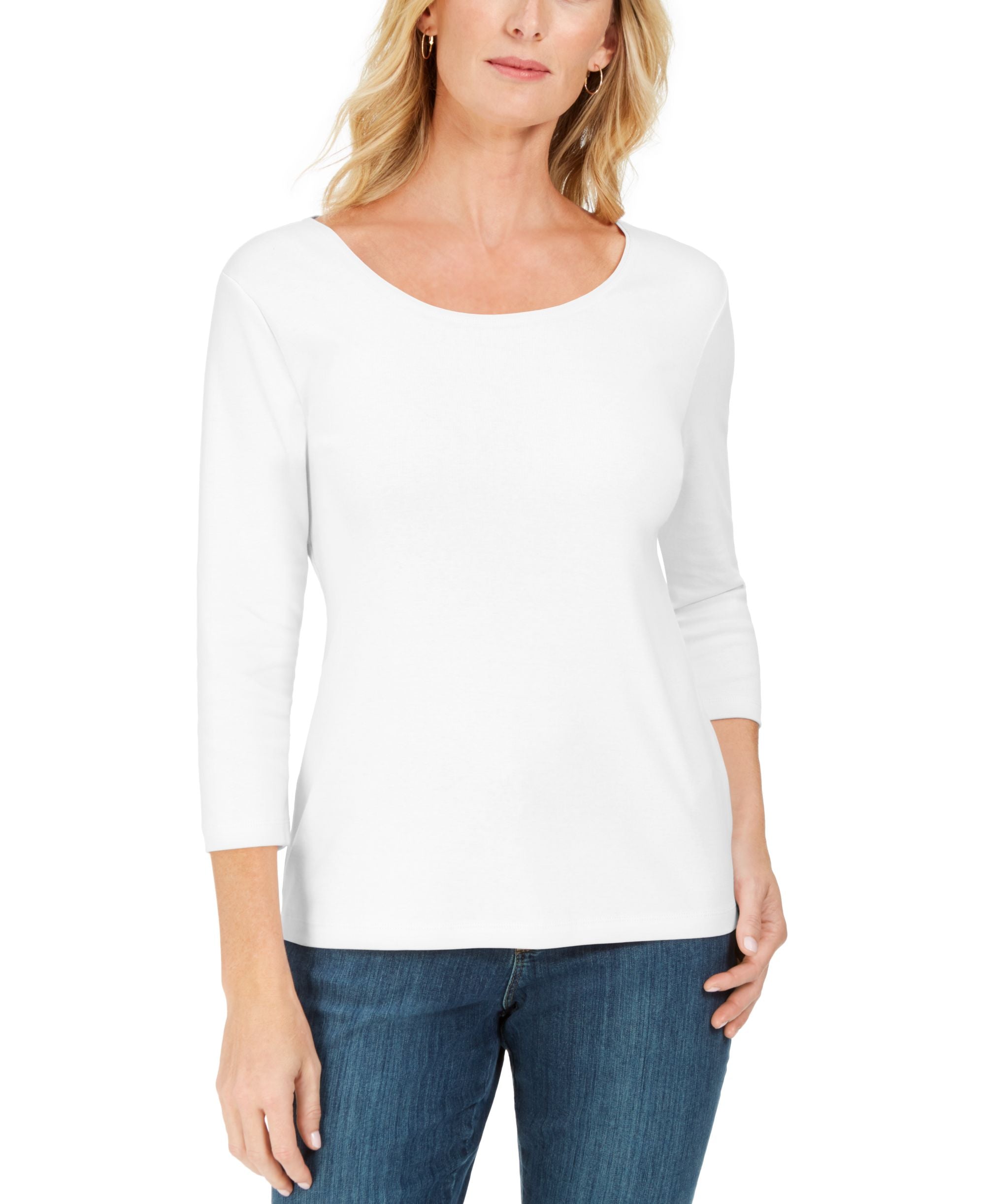Karen Scott Petite 3/4 Sleeve Cotton Scoop Neck Top