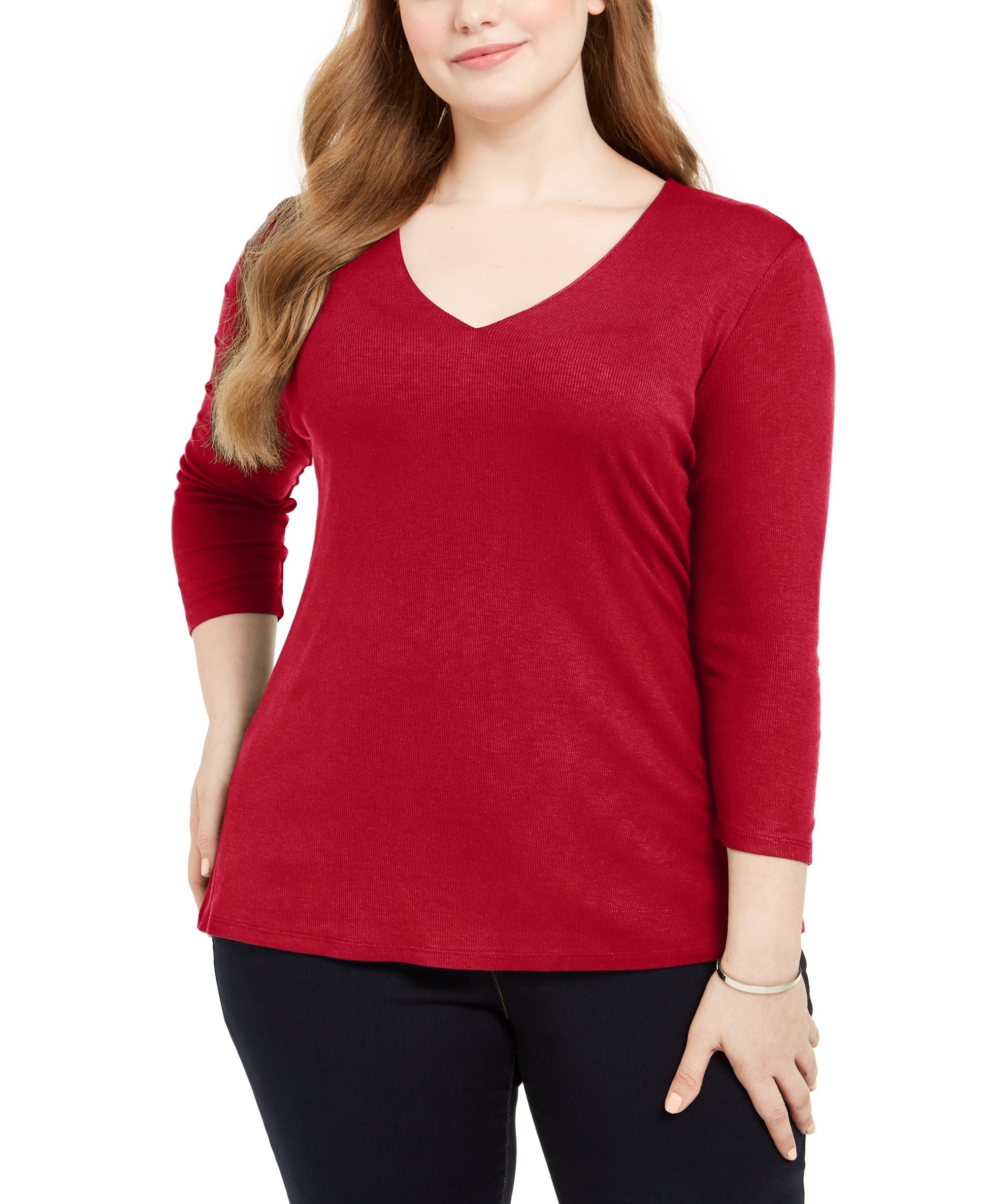 INC International Concepts Plus Size Ribbed V Neck Top