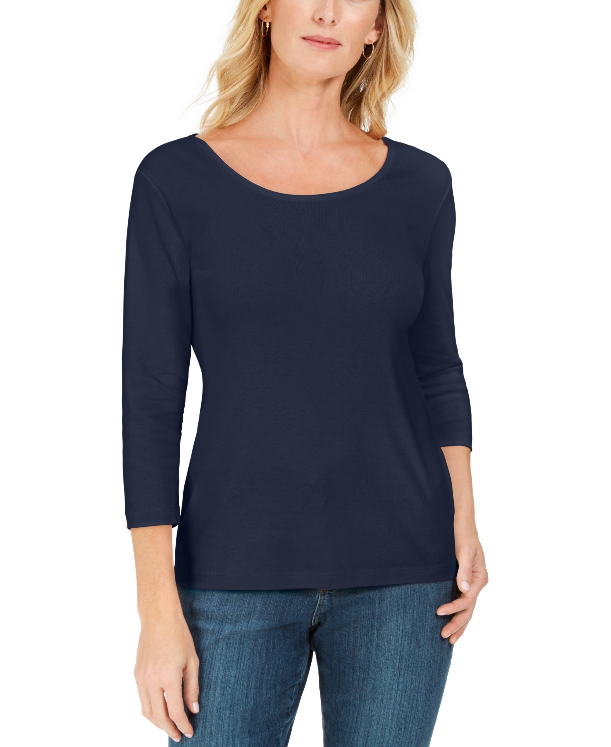 Petite 3/4 Sleeve Cotton Scoop-Neck Top