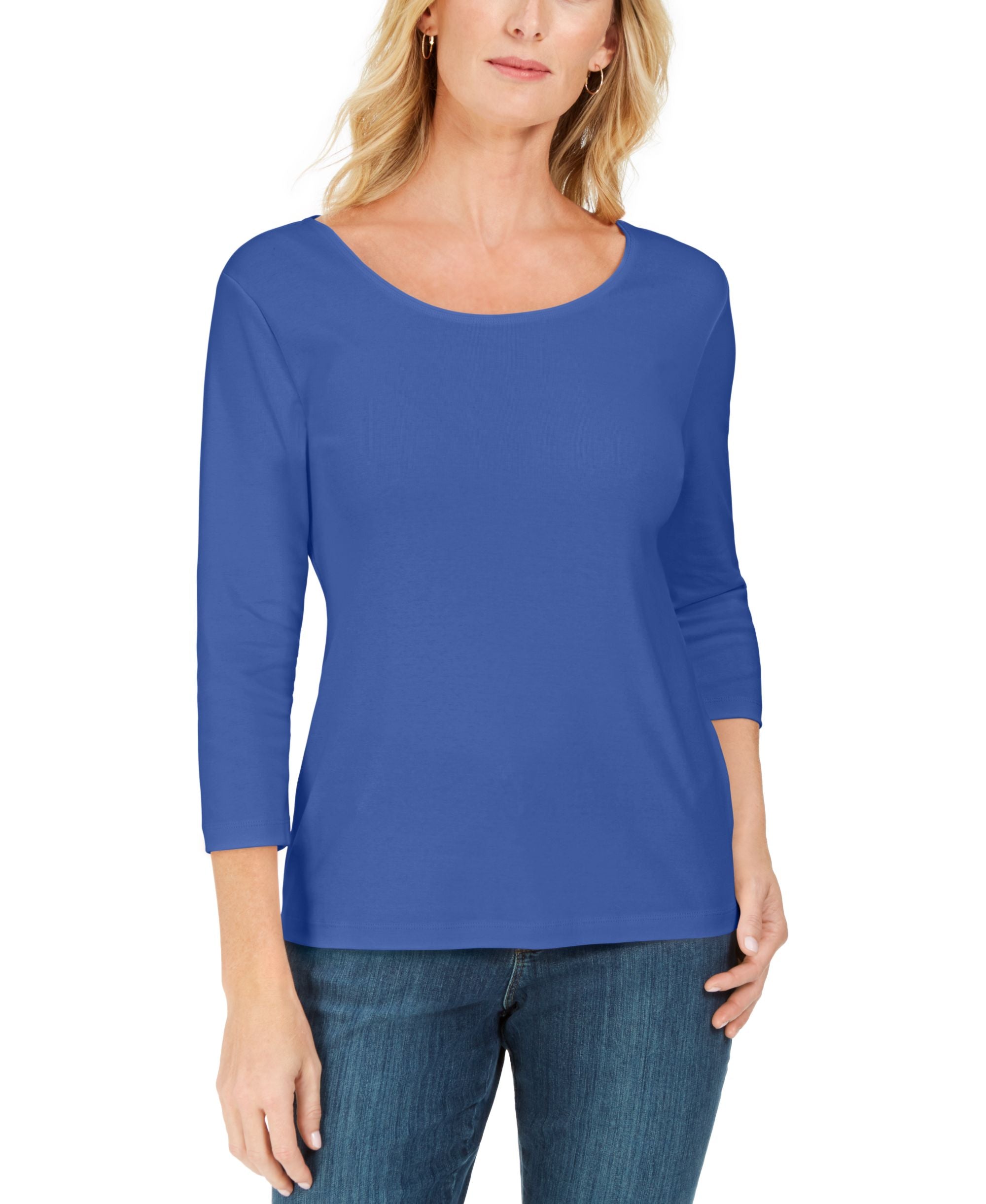 Petite 3/4 Sleeve Cotton Scoop-Neck Top