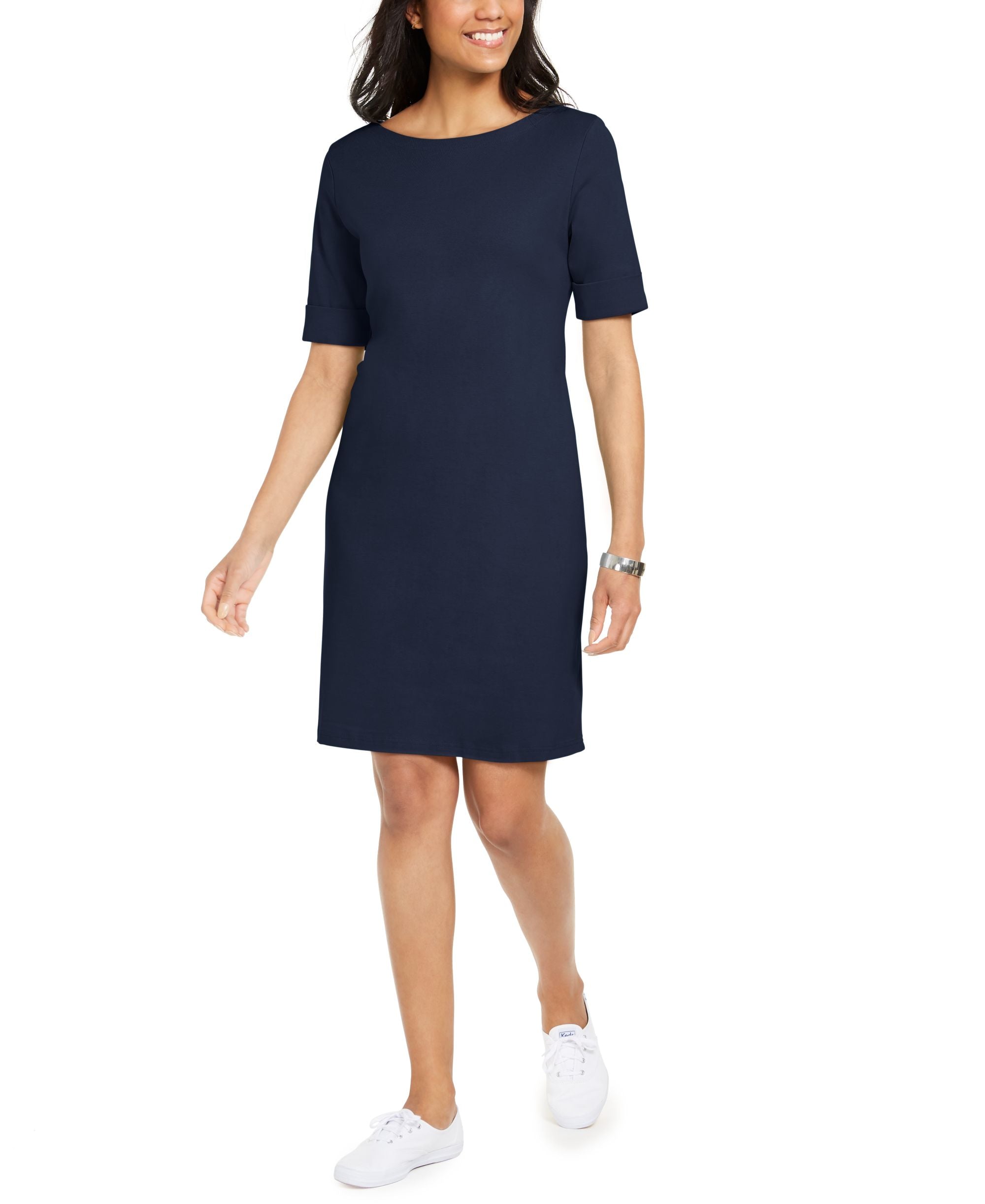 Karen Scott Petite Cotton Boat Neck Elbow Sleeve Dress