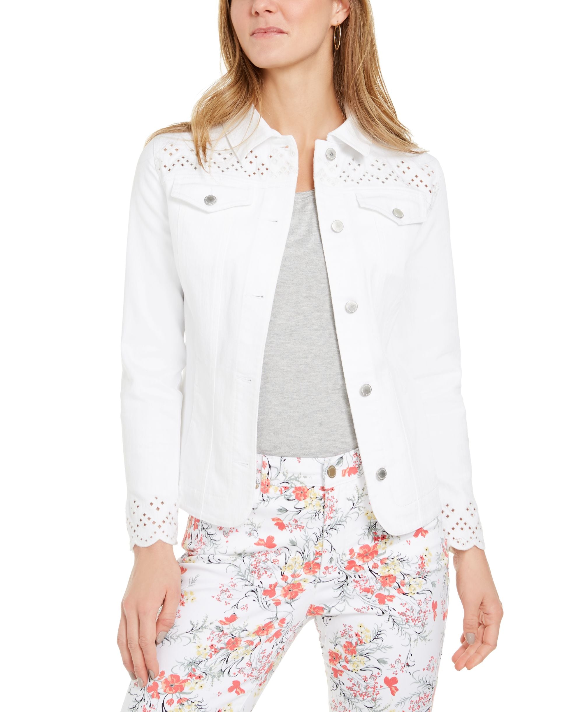 Charter Club Petite White Eyelet Jean Jacket