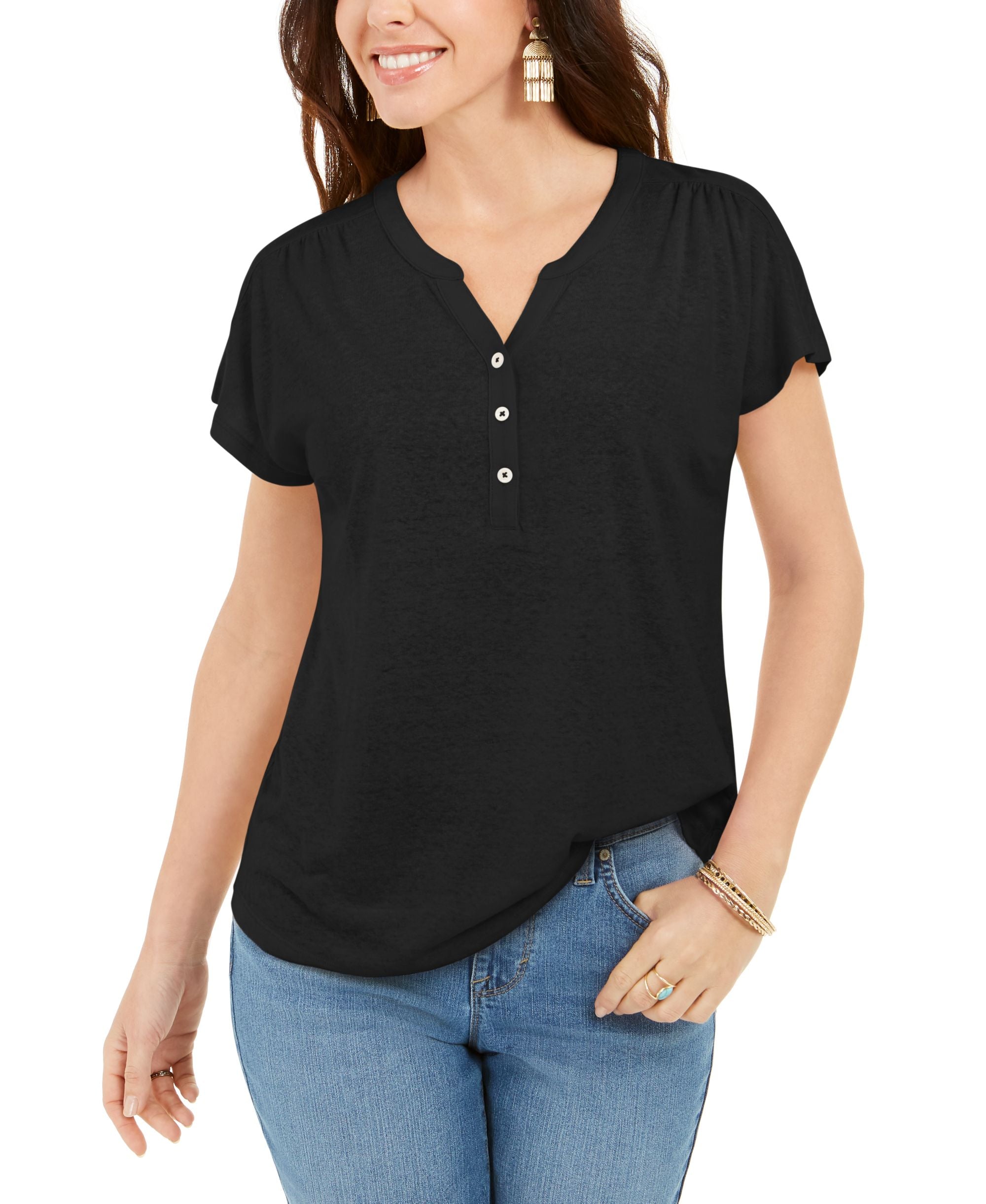 Petite Linen-Blend Henley Top
